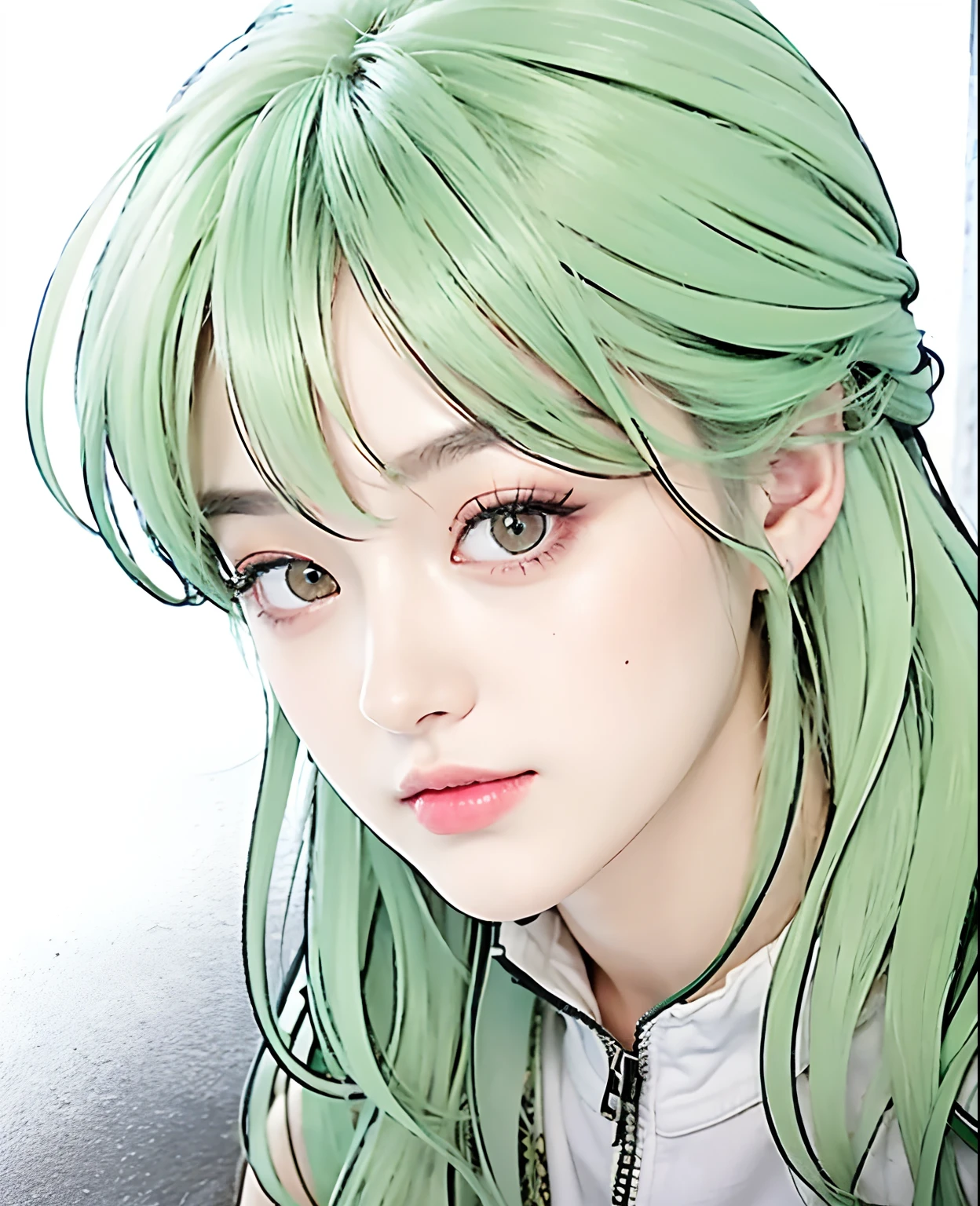 A girl with realistic green hair, realistic yellow eyes, realistic pretty face, realistic cool expression, adapts exactly the same clothes,Realistic light, realistic shadows, realistic background
