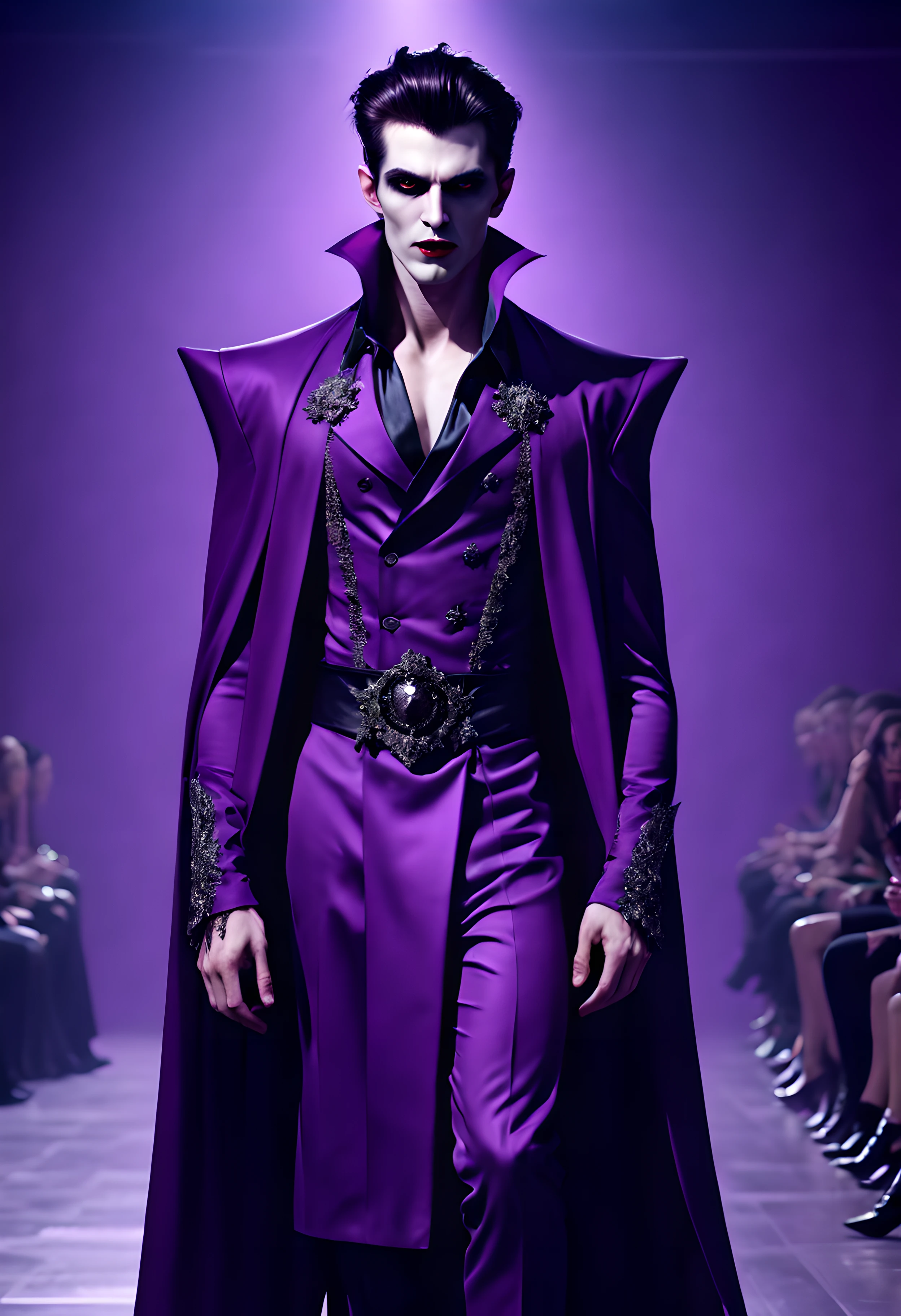 hyperrealistic and heavy detailed modern ((runway show)) of a sexy handsome vampire (lord) 1boy, wearing long sharp dress (crazy fashion alternate costume), detailed face, real, atmospheric, sharp, 8k, high textured, maximalist, atmospheric, raytracing, real life, purple