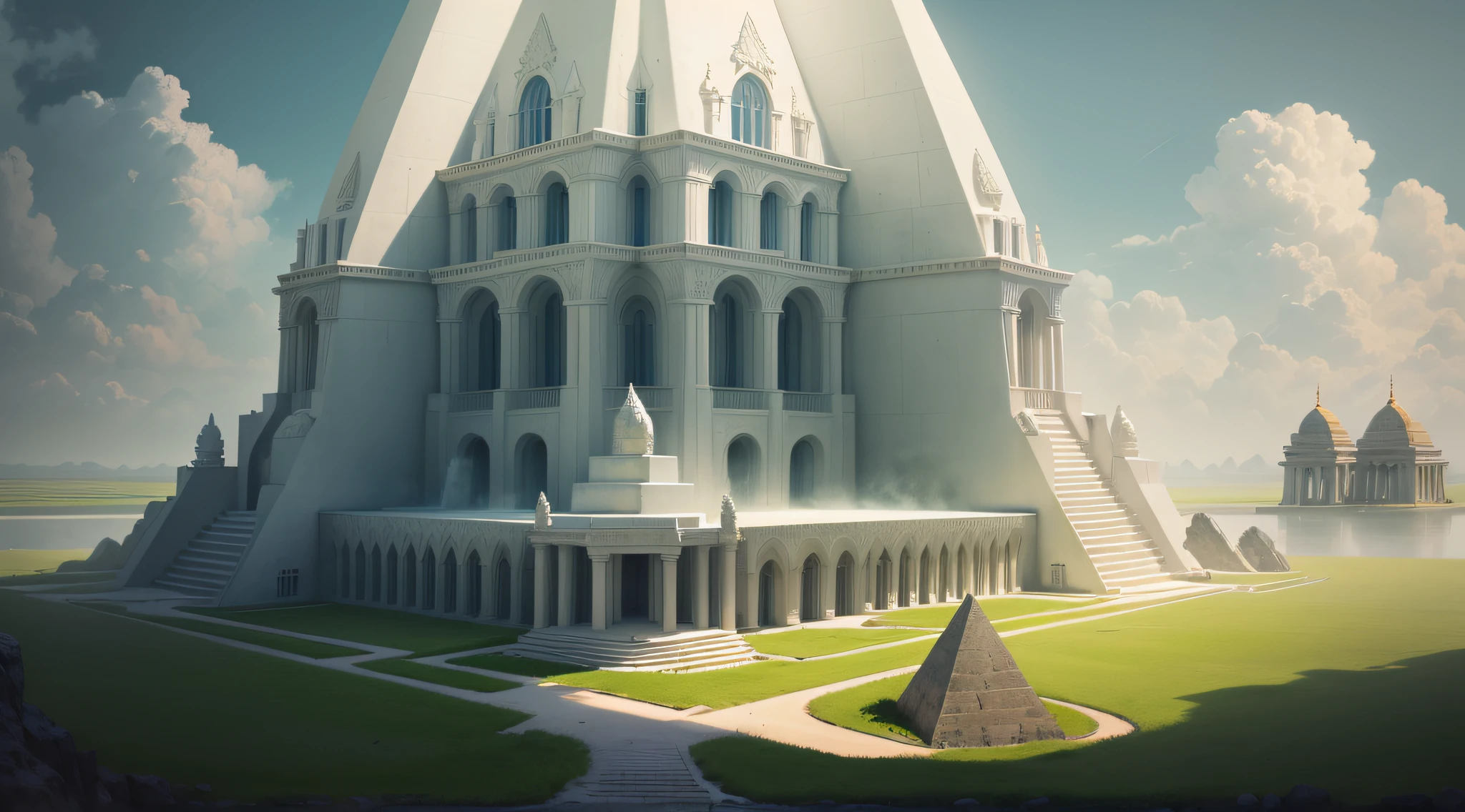 (((fantasy theme))), white colossal temple of resurrection made of white granites, pyramid roof, fantasy structure, in the middle of green meadow and at the side of great lake, (((symmetrical))), wide view, aesthetic, surreal, cinematic, sharp focus, masterpiece, best quality, 8k