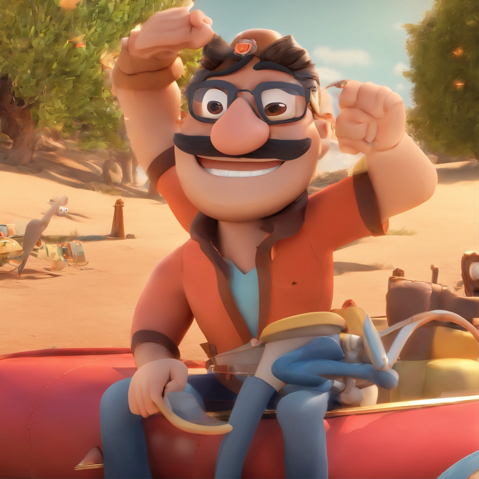 Crie um cartaz inspirado na Disney Pixar com o personagem sendo homem, magro, cabelos ondulado e barba baixa, grisalho, with aviator glasses. Em um acampamento rodeado por jovens.