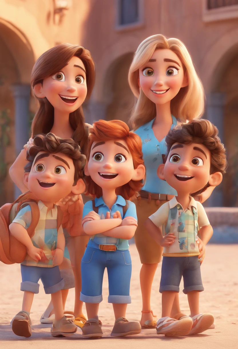 Cartoon of friends having fun on vacation together, 3D Animation Movie Poster, Poster de filme animado, pixar 3 d animation style, pixar renderman rendering, maia 8 mil, animated film, Disney Pixar Estilo 3D, amigos felizes saem juntos, all wearing light blue shirts and cream brown long pants, camisa azul clara, cream brown pants, ao ar livre, vacation, Disney Pixar Animation Poster