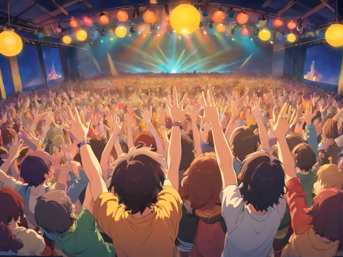 Retrata uma cena show de rock cheia de alegria e atmosfera animada,The audience with their hands in the air,evento, festa de cerveja, rock, music