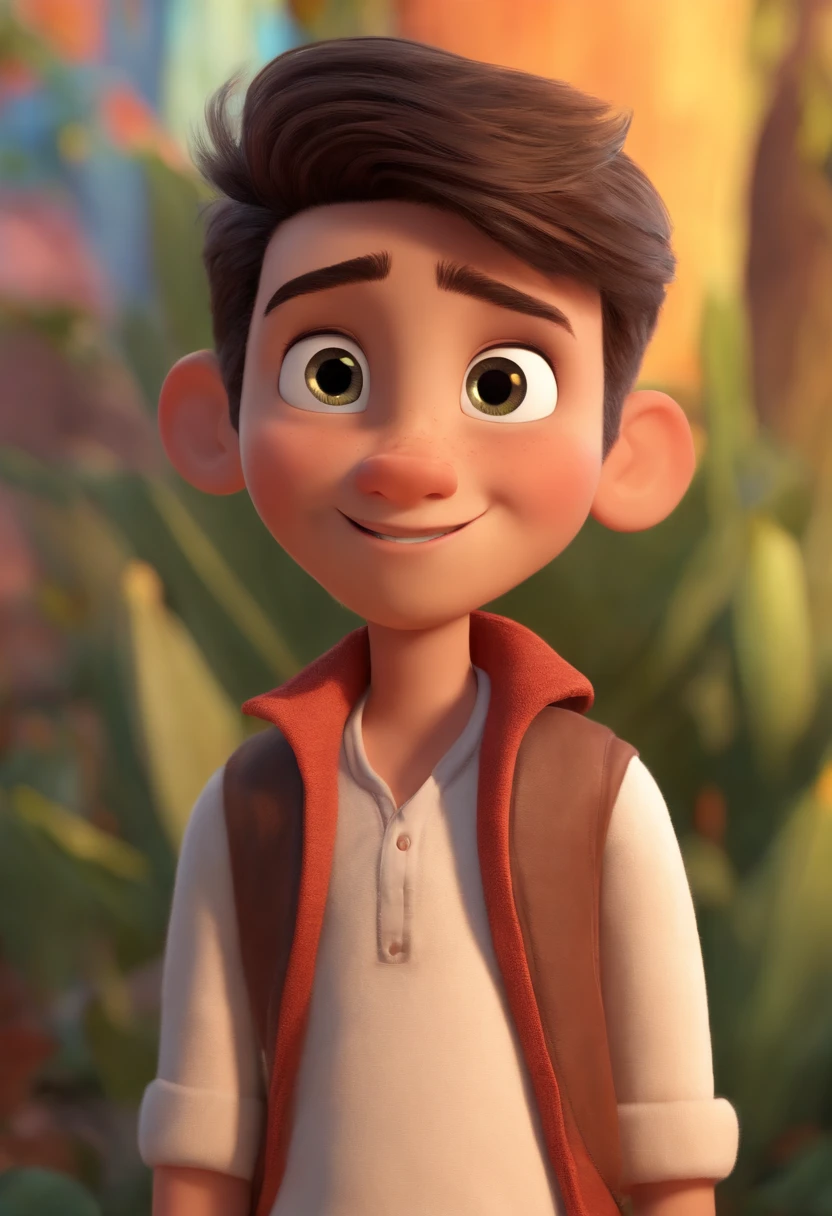 Image of a boy for a story in a YouTube video in Pixar format, He's the  allabester, He's the class leader, He's outgoing, Playful and gets up for a lot of things, cabelo curto