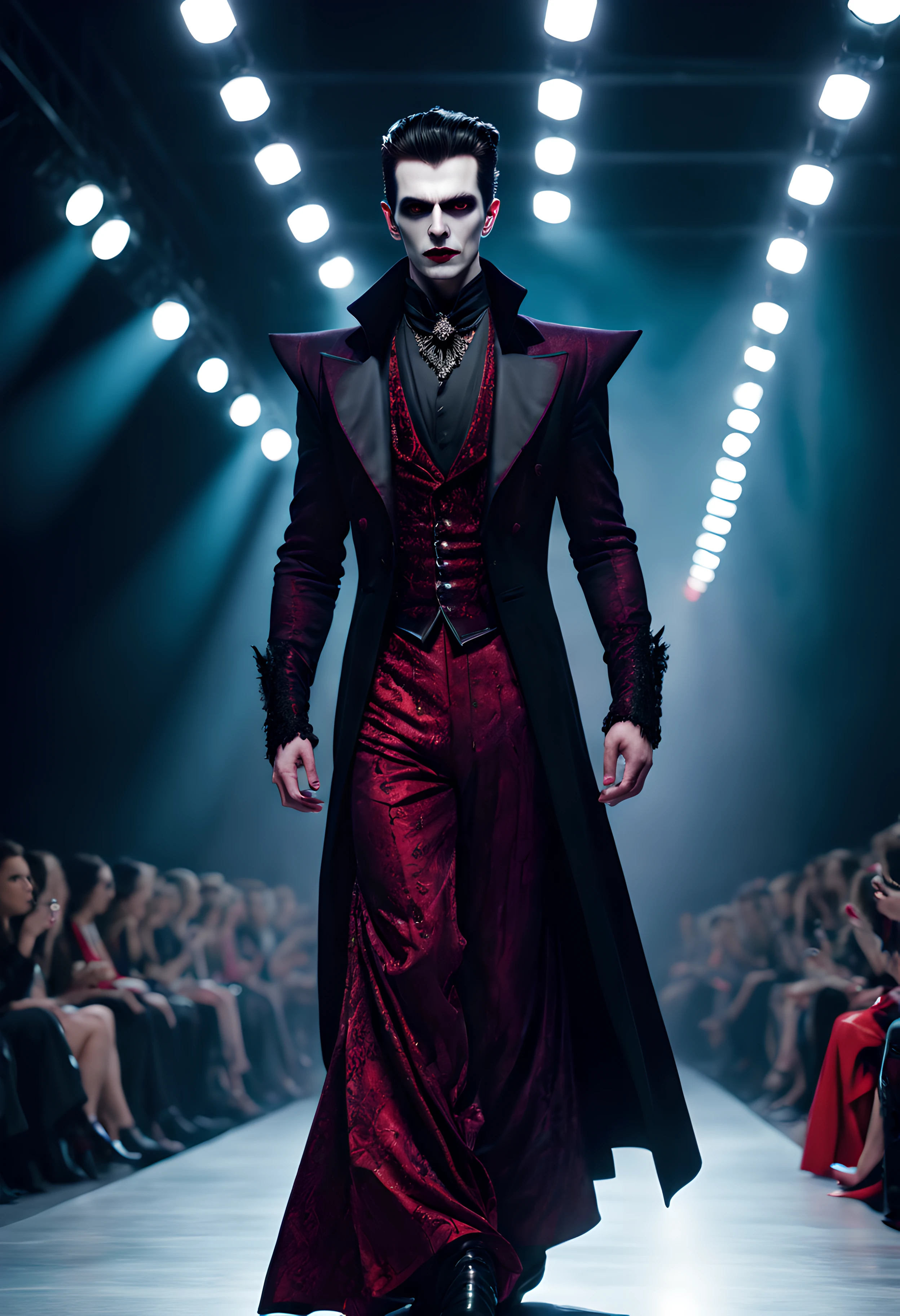 hyperrealistic and heavy detailed modern ((runway show)) of a sexy handsome vampire (lord) 1boy, wearing long dress (crazy fashion alternate costume), detailed face, real, atmospheric, sharp, 8k, high textured, maximalist, atmospheric, raytracing, real life, ((colorful))