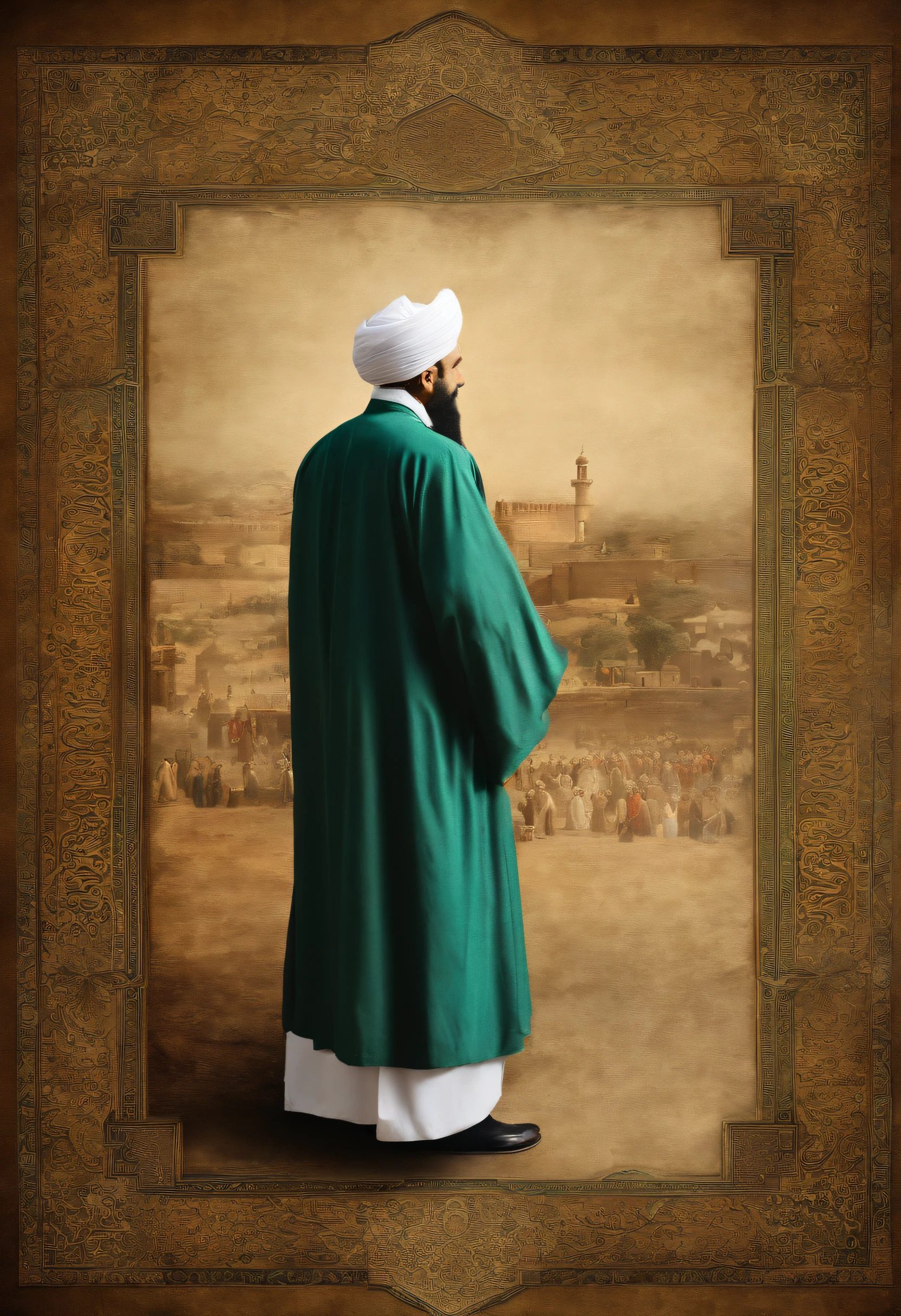 Imam mahdi from back view ((showing an old paper to the people around him))