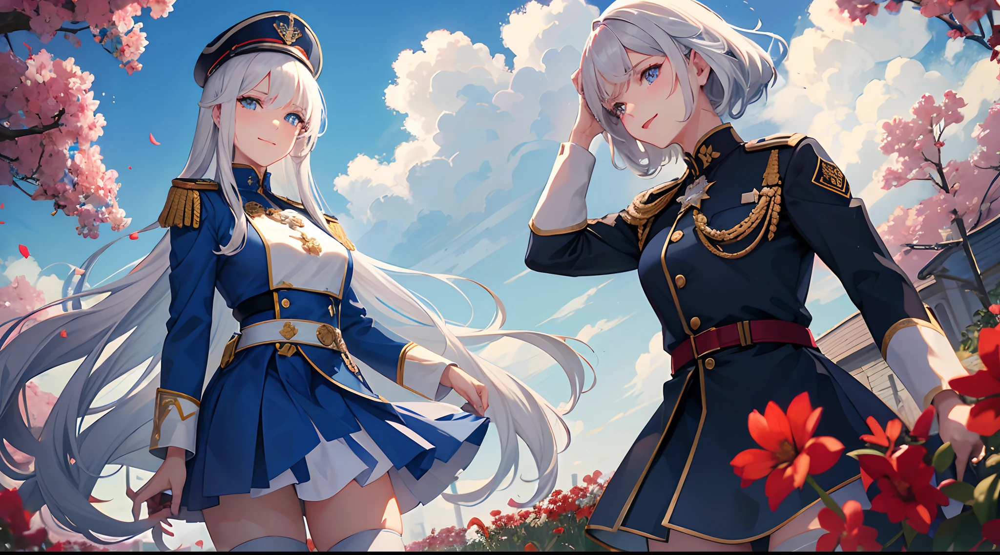 Vladilena Milise, From the anime "86", appears as a brave and determined young woman. Her appearance reflects a mixture of grace and strength. Her white hair blends harmoniously with her bright blue eyes, that radiate intelligence and determination,She also wears a blue military cap with the Republic badge on it.
Her face shows more than just intellect, but also a sense of care and responsibility. Vladilena's gaze is full of warmth and understanding, which creates a contrast with her blue military uniform,and accentuated white stockings. She wears the uniform of the Republic of San Magnolia with dignity, reflecting their dedication and dedication to their country.((She is standing in the middle of a field with red flowers))
Despite the gravity of the circumstances in the world 86, Vladilena has a sincere smile, which highlights her humanity and hope. Her spirit and determination to serve and protect create an image of a strong and inspiring leader,8K, 1920x1080