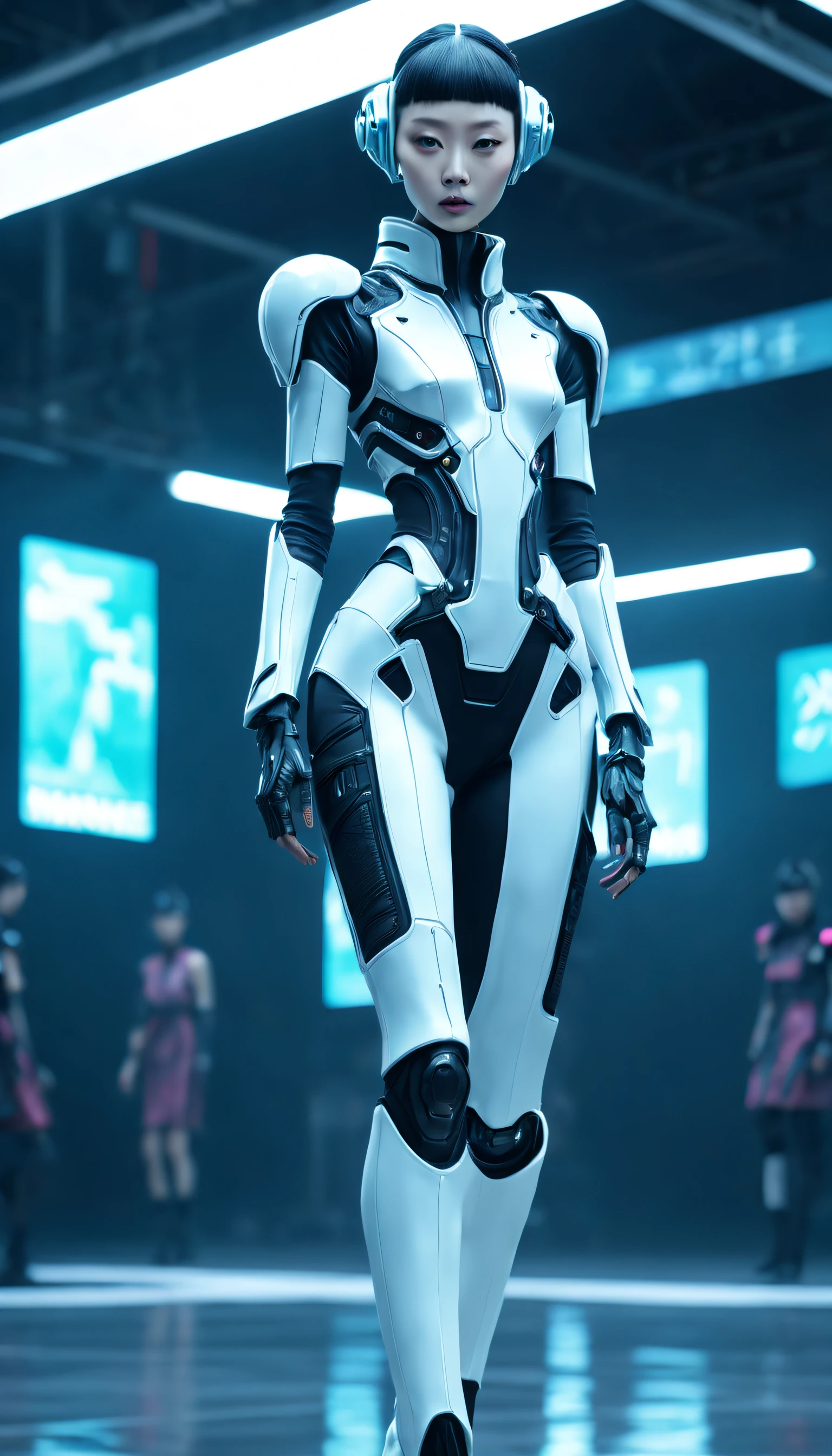 A fashion runway for alien technology , vogue photography , Inspired by Chinese Xianxia and cyberpunk。(Best quality,4K,8K,A high resolution,Masterpiece:1.2), (Realistic,Photorealistic,photo-realistic:1.37).