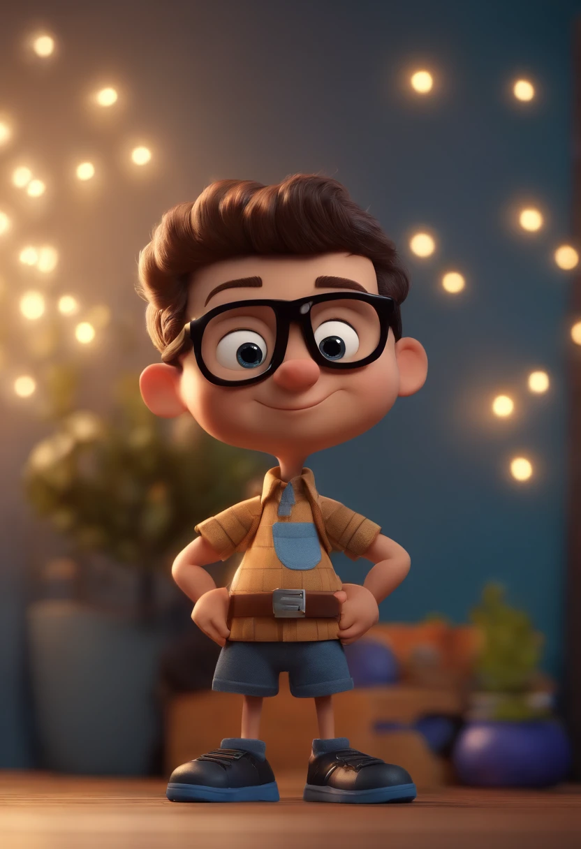 Cartoon character of a man wearing black glasses and a blue shirt, um personagem animado, Caractere estilizado, animation style rendering, 3D estilizado, Arnold Maya render, 3 d render stylized, toon render keyshot, Personagem 3D, Personagem 3D, 3d rendering stylized, 3 d character render, personagem de desenho animado, Personagem de close up, Pose de personagem, (Estilo Pixar) (master part:1.2) (Bokeh) (best quality) (pele detalhada) (textura detalhada) (8k) (argila) (Cinematic lighting) (foco nítido，Senta e vaza a parte superior do corpo