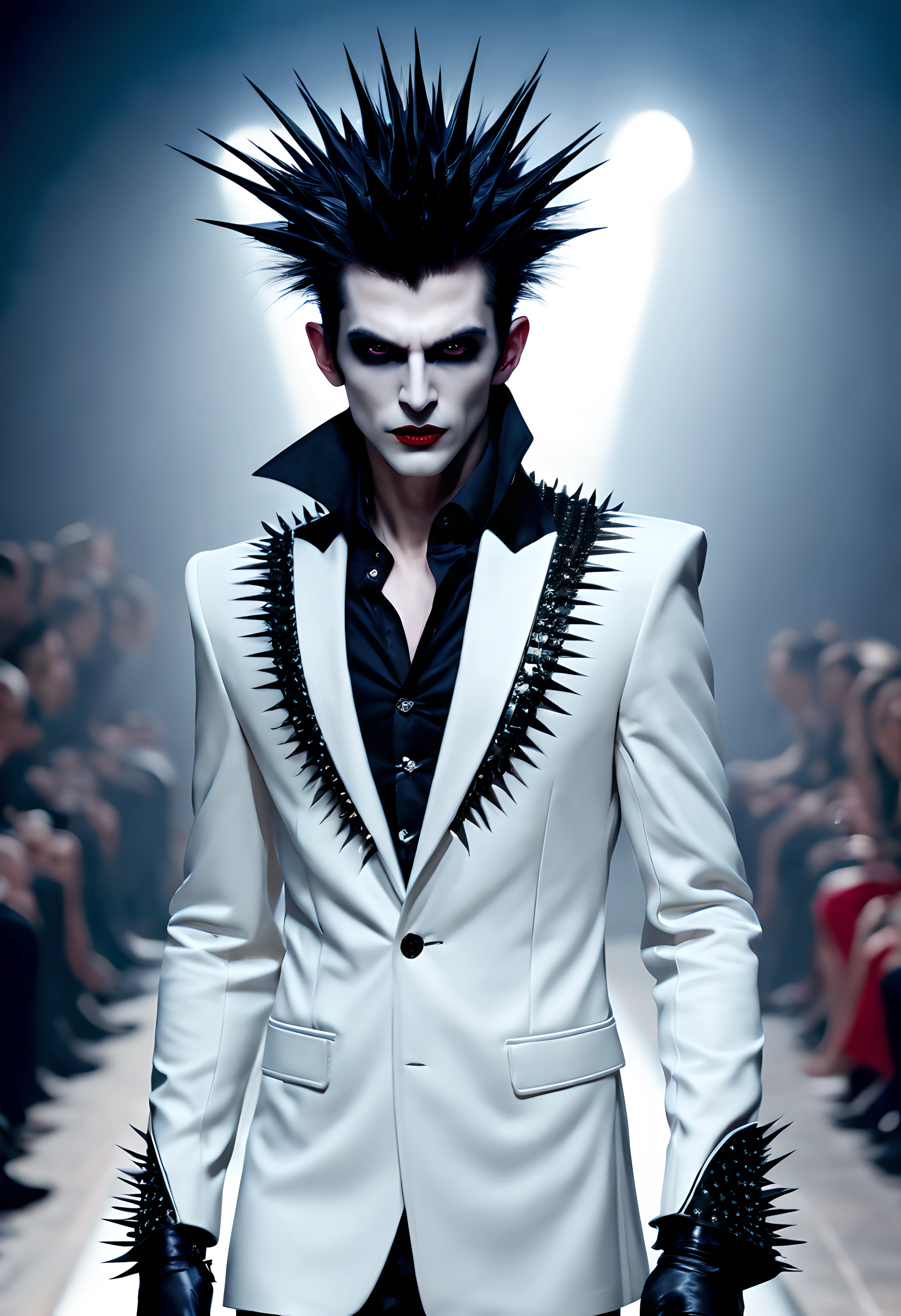 hyperrealistic and heavy detailed modern ((runway show)) of a sexy handsome vampire (lord) 1boy, wearing long spiky (crazy fashion alternate costume), detailed face, real, atmospheric, sharp, 8k, high textured, maximalist, atmospheric, raytracing, real life