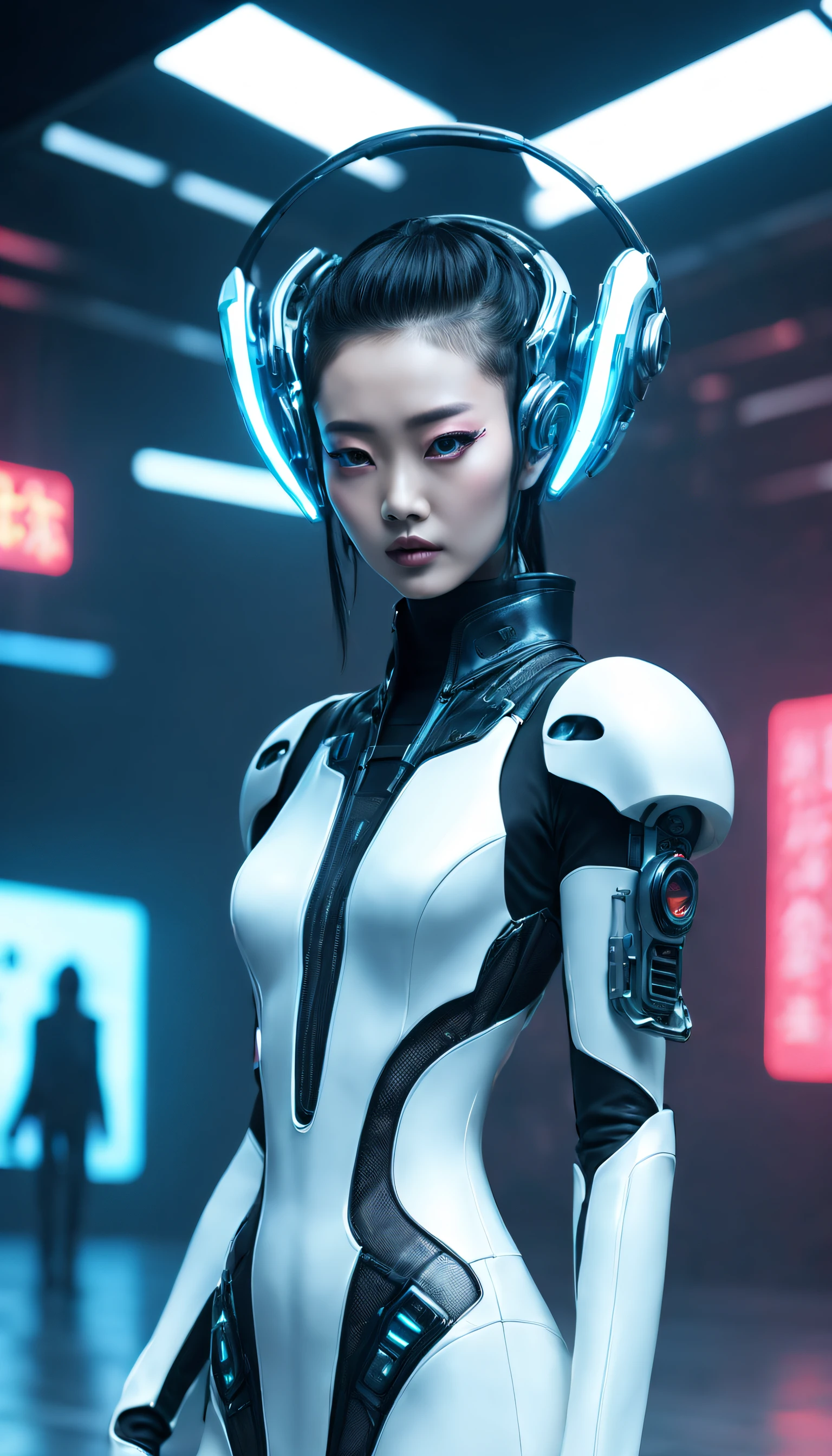 A fashion runway for alien technology , vogue photography , Inspired by Chinese Xianxia and cyberpunk。(Best quality,4K,8K,A high resolution,Masterpiece:1.2), (Realistic,Photorealistic,photo-realistic:1.37).