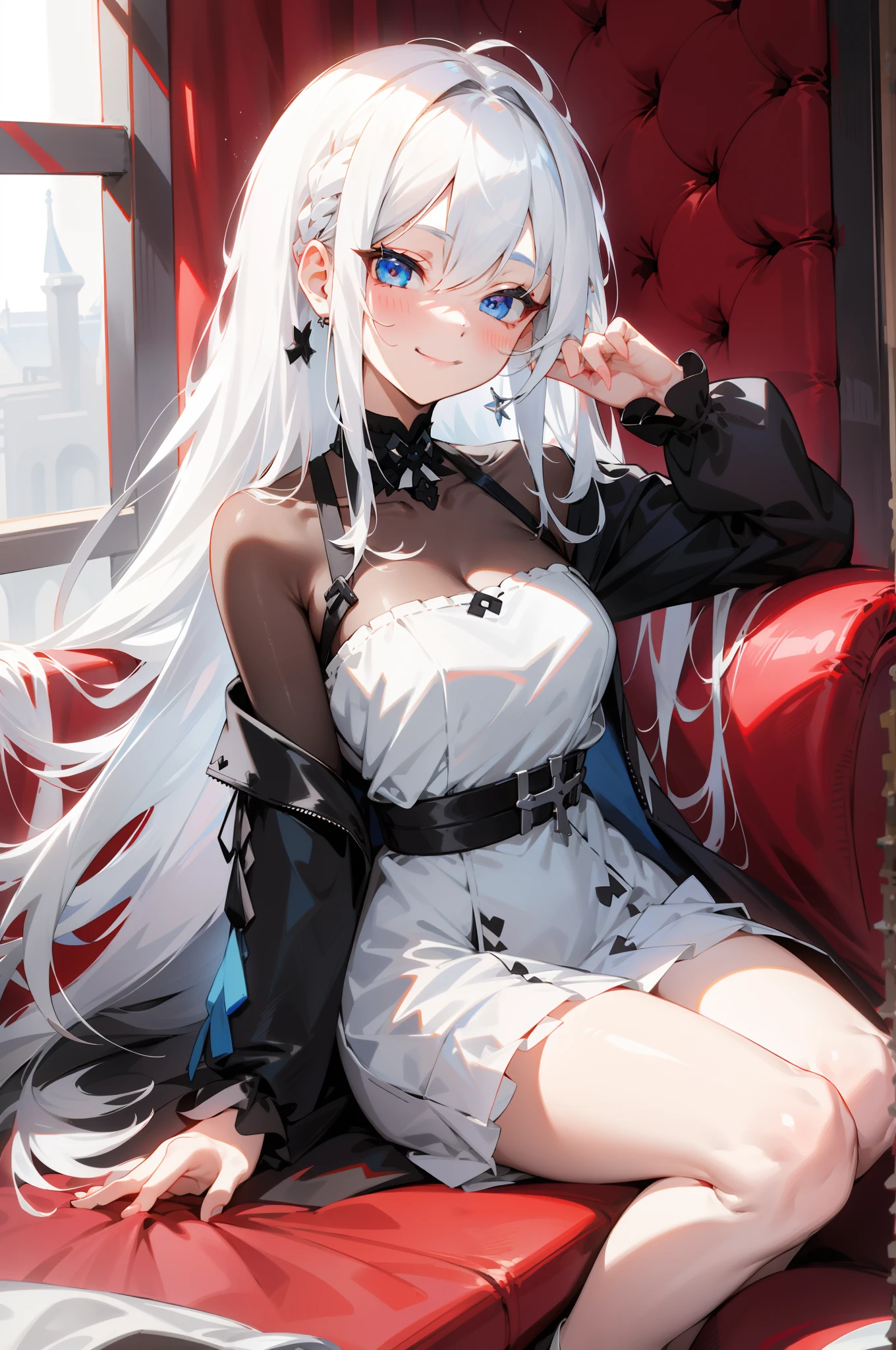 Smiling girl wearing Gothic and ta,Girl standing and smiling with her hand on her chin,Perfect white haired girl with blue eyes, Girl with white hair, white hair, white hair woman, White-haired, white haired god, Seductive Anime Girl, lolidress, from girls frontline, girls frontline style, silber hair, Cute anime waifu in a nice dress, silver hair girl, with long white hair,Eyes are blue