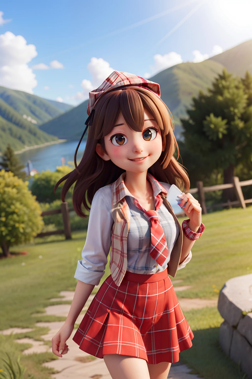 masterpiece, high quality best quality,1girl, bangs, beach, blue_sky, blush, bow, breasts, checkered, checkered_shirt, checkered_skirt, cloud, cloudy_sky, collarbone, day, envelope, giving, grass, hair_bow, heart, holding, holding_letter, horizon, incoming_gift, kazami_yuuka, leaning_forward, lens_flare, letter, light_rays, long_hair, looking_at_viewer, love_letter, mountain, mountainous_horizon, ocean, outdoors, plaid, plaid_background, plaid_bikini, plaid_bow, plaid_bowtie, plaid_bra, plaid_dress, plaid_headwear, plaid_jacket, plaid_legwear, plaid_necktie, plaid_neckwear, plaid_panties, plaid_pants, plaid_ribbon, plaid_scarf, plaid_shirt, plaid_skirt, plaid_vest, pov, shirt, skirt, sky, smile, solo, sun, sunbeam, sunlight, tree, unmoving_pattern