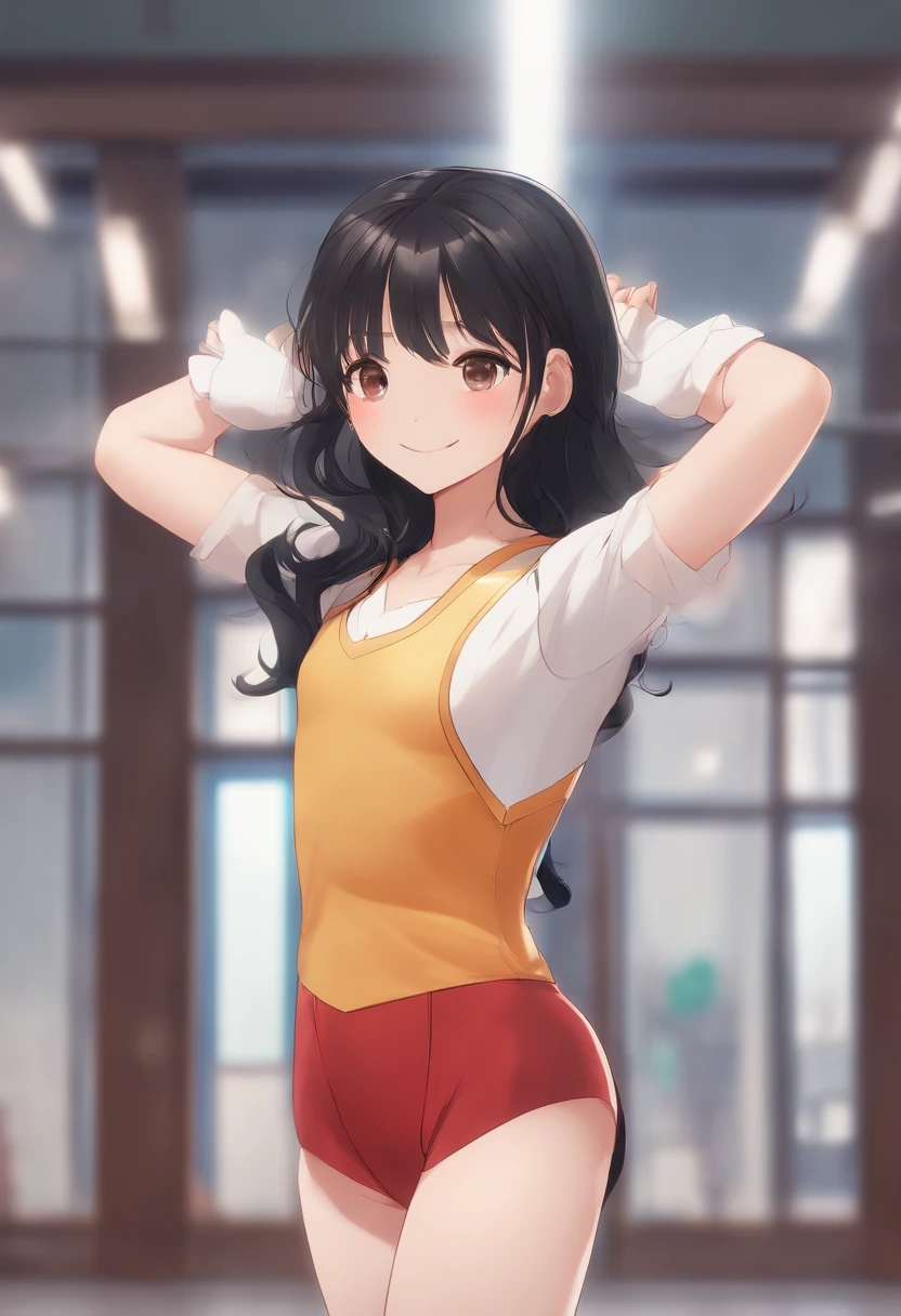 、　Gymnasium、Leotard　, Black hair Long hair, Smile、　ＹCharacter Balance Pose