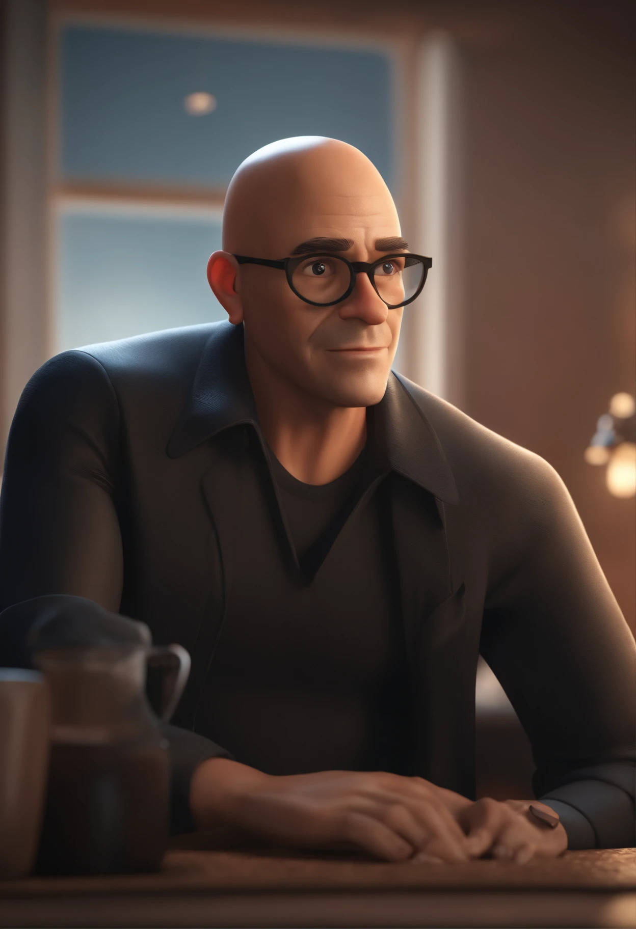 Personagem de desenho animado de um homem de 35 anos, with a shaved head and no beard, with black glasses and black shirt, animation character, Caractere estilizado, animation style rendering, 3D estilizado, Arnold Maya render, 3 d render stylized, toon render keyshot, Personagem 3D, Personagem 3D, 3d rendering stylized, 3 d character render, personagem de desenho animado, Personagem de close up, Pose de personagem, (Estilo Pixar) (master part:1.2) (Bokeh) (best quality) (pele detalhada) (textura detalhada) (8k) (argila) (Cinematic lighting) (foco nítido)
