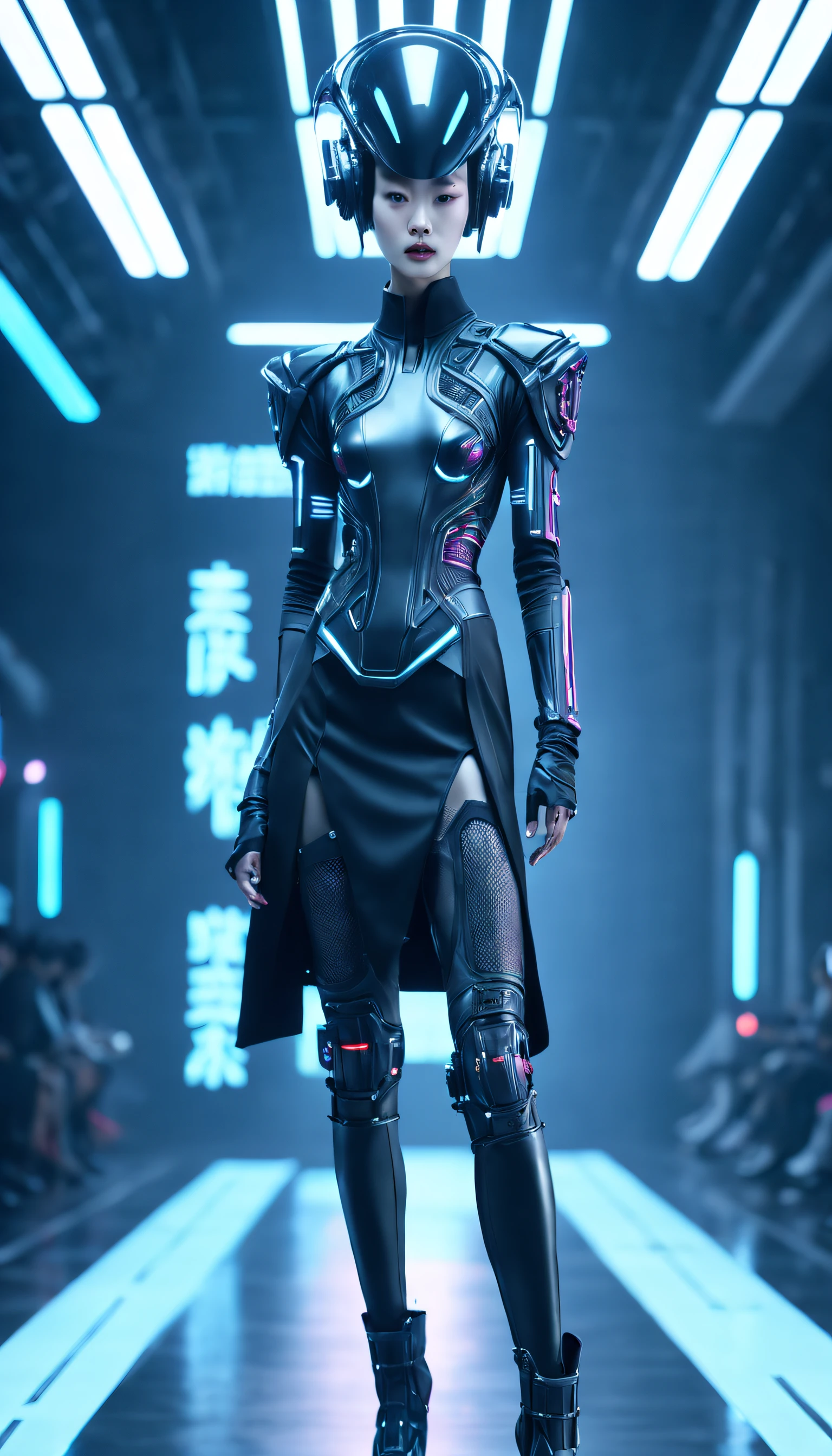 A fashion runway for alien technology , vogue photography , Inspired by Chinese Xianxia and cyberpunk。(Best quality,4K,8K,A high resolution,Masterpiece:1.2), (Realistic,Photorealistic,photo-realistic:1.37).