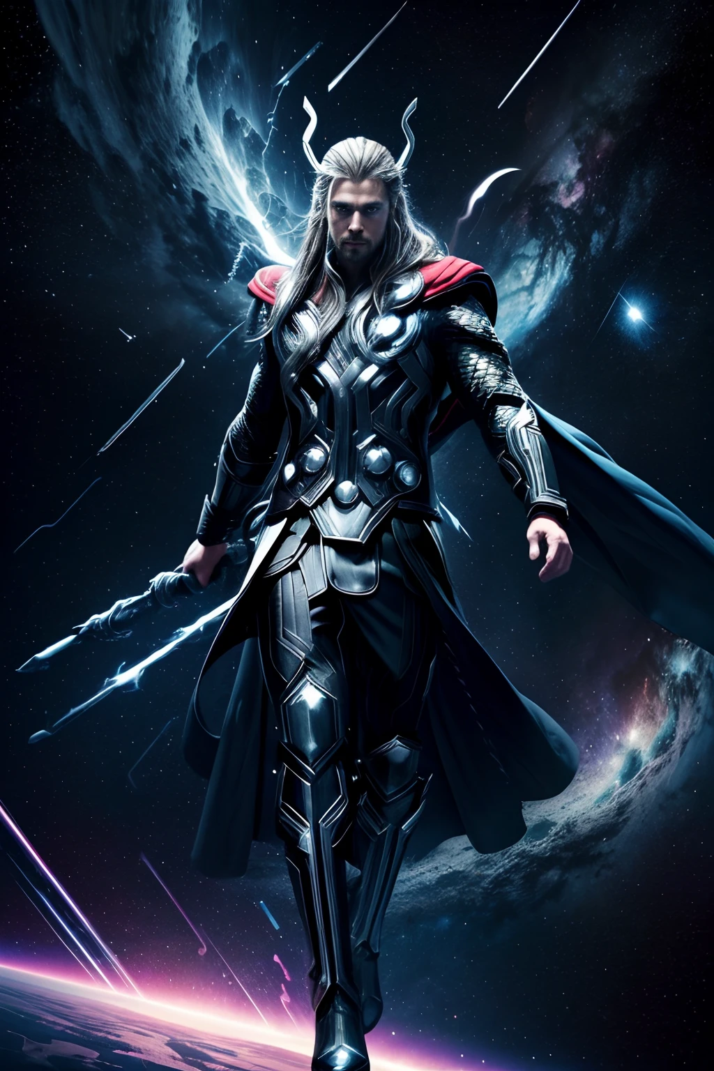 (Space fashion show), Incredibly spectacular Thor, god of thunder,(Thor, god of thunder:1.5), Catwalk scene in cosmic clouds, Fractal Nebula Chain, cosmic, Celestial, cosmic, A vibrant and vivid entity, whirly, Spinning, unreal, High contrast, Symbolism, magical, mistic, mistic, Hyper-realistic, Supersaturation, Colorful, 8K
