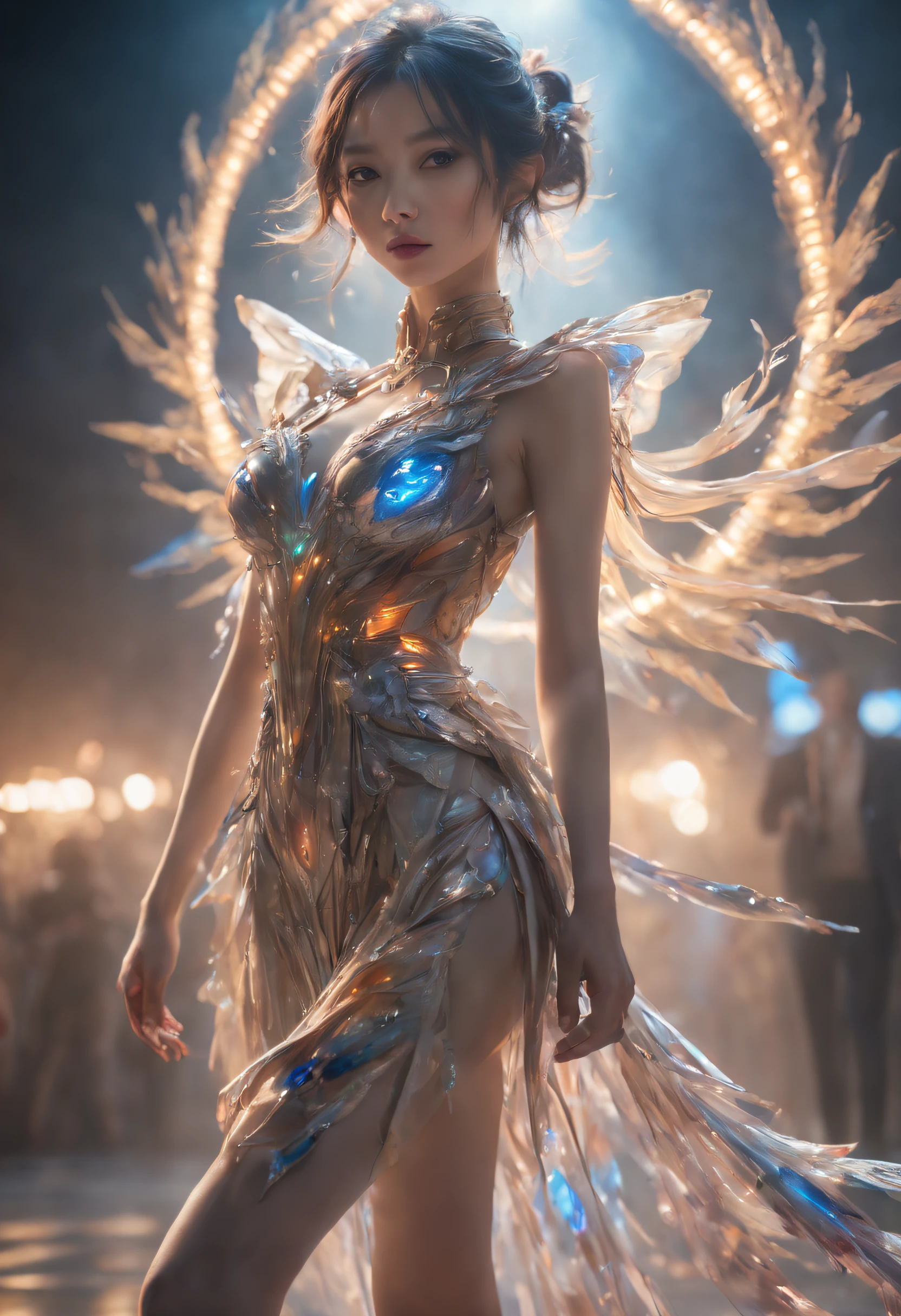 Optimal image, (8K, RAW photo, Realistic), Delicate and delicate brushstrokes and gorgeous and dynamic painting techniques, futuristic fashion show,High-tech catwalks,Wearable AI devices,Unique colors and unique design fashion, Fashion show, Cool fashion model, Fashion show venues and audiences, Colorful lights dance around,Ultra-realistic detailed painting,Epic fantasy digital art style,8K,wide wide shot,Diagonal composition,art of photography,(Extremely refined and beautiful),The eye,Genshin_impact,Look at the viewer, ((Distant view)), Strong light and shadow, Cinema lenses