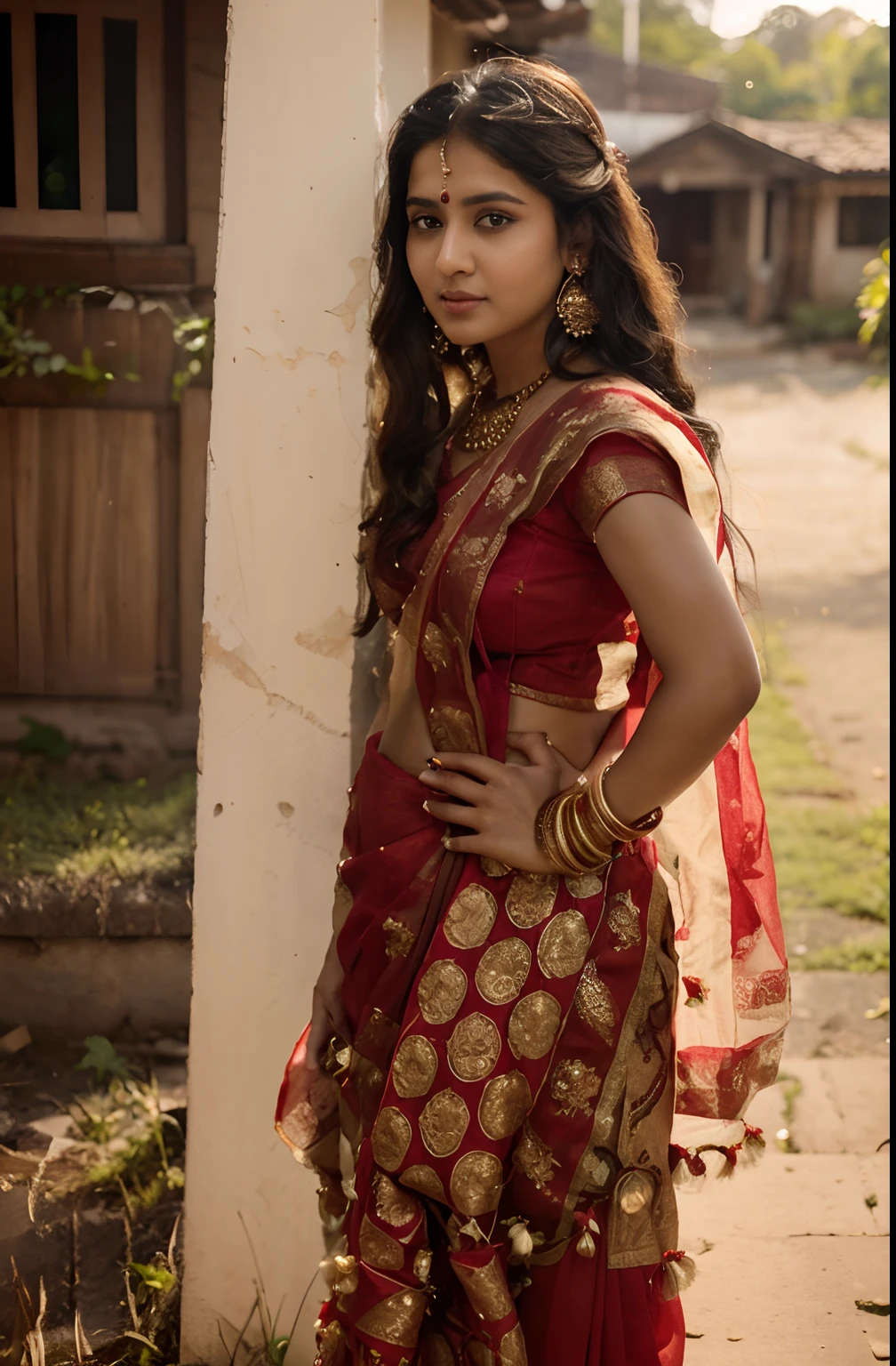 (((desi girl))), chubby face, natural skin, wearing red bridal saree, charming black hair, ((hair ends are blonde)), greenary village background, bokeh