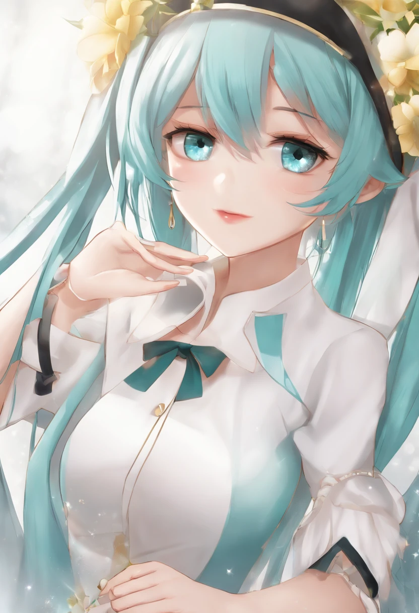 estilo de esqui, Miku Hatsune, master part, best quality, 1girl, corar, aqua eyes, bonnet, boca fechada, Brincos, kalap, brincos de argola, jewelries, Olhando para o Viewer, camisa, fundo simples, sozinho, parte superior do corpo, camisa amarela