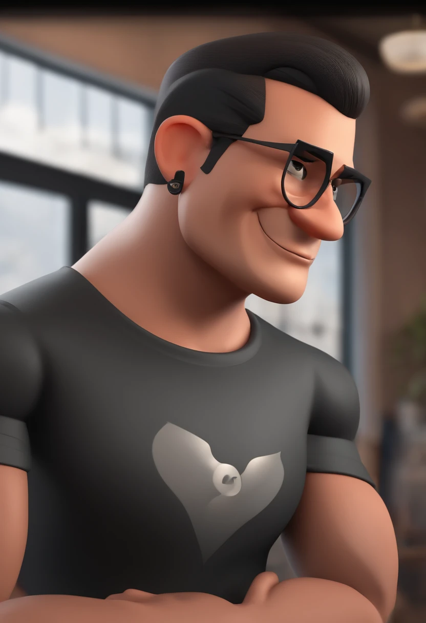 Cartoon character of a man with black glasses and a black shirt with attitude writing on the sleeve, Japanese Eye Slanted, barba curta e bigode curto, alto, segurando um celular, rosto pequeno, cabelo preto, animation character, Caractere estilizado, animation style rendering, 3D estilizado, Arnold Maya render, 3 d render stylized, toon render keyshot, Personagem 3D, Personagem 3D, 3d rendering stylized, 3 d character render, personagem de desenho animado, Personagem de close up, Pose de personagem, (Estilo Pixar) (master part:1.2) (Bokeh) (best quality) (pele detalhada) (textura detalhada) (8k) (argila) (Cinematic lighting) (foco nítido