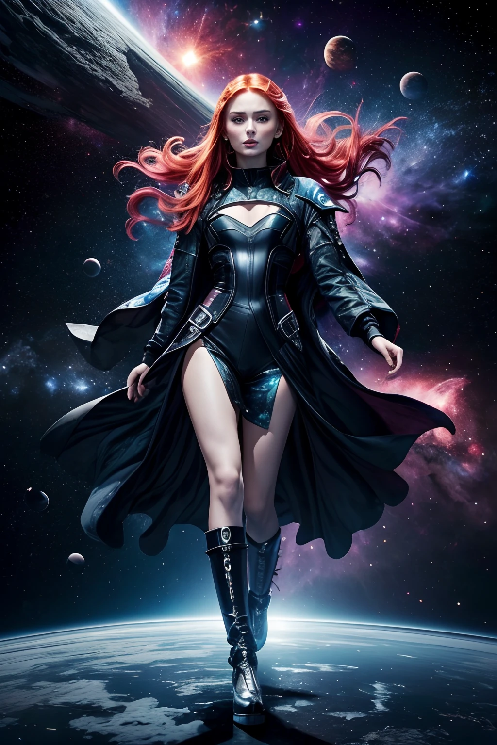 (Space fashion show), Incredibly spectacular Sophie Turner,(sophie turner:1.5), A catwalk scene in the clouds of the universe, Fractal Nebula Chain, cosmic, Celestial, cosmic, A vibrant and vivid entity, whirly, Spinning, unreal, High contrast, Symbolism, magical, mistic, mistic, Hyper-realistic, Supersaturation, Colorful, 8K