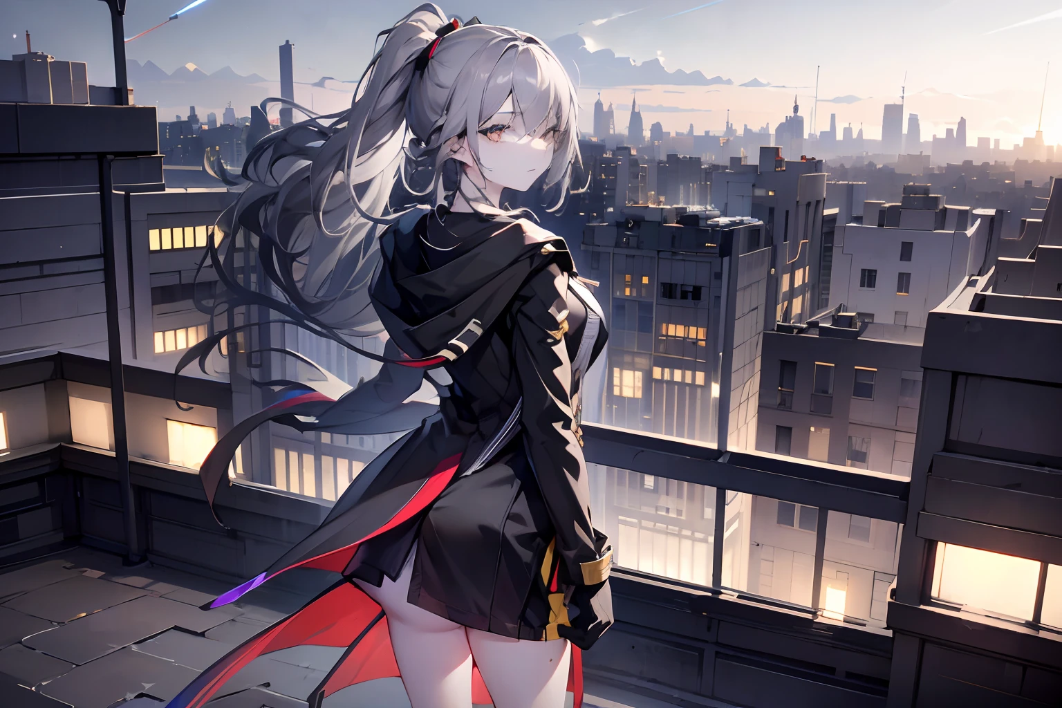 overlooking a city, night, (slim), slender, from behind, ((Looking at the view))standing on the (edge of rooftop), (shadow), blurry background, [detailed eyes],  focused, 1girl, (solo:1.2), ((masterpiece)), pale skin, gloves, ((detailed surroundings)), (black coat:1.2), high boots, stelle, exterior, (ponytail), cyberpunk, jacket technology (LED light)