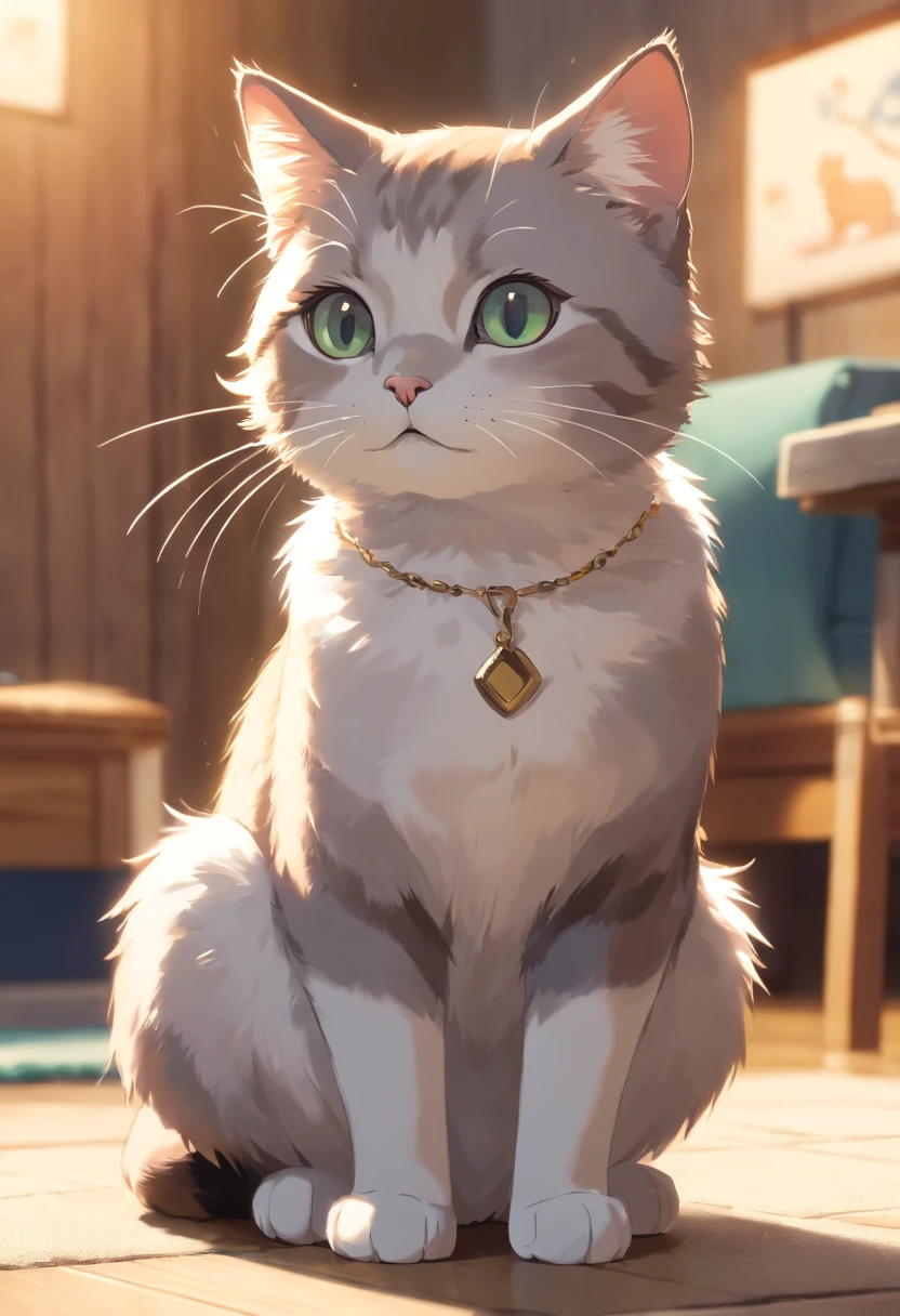 A close up of a cat sitting on a floor with a necklace on - SeaArt AI