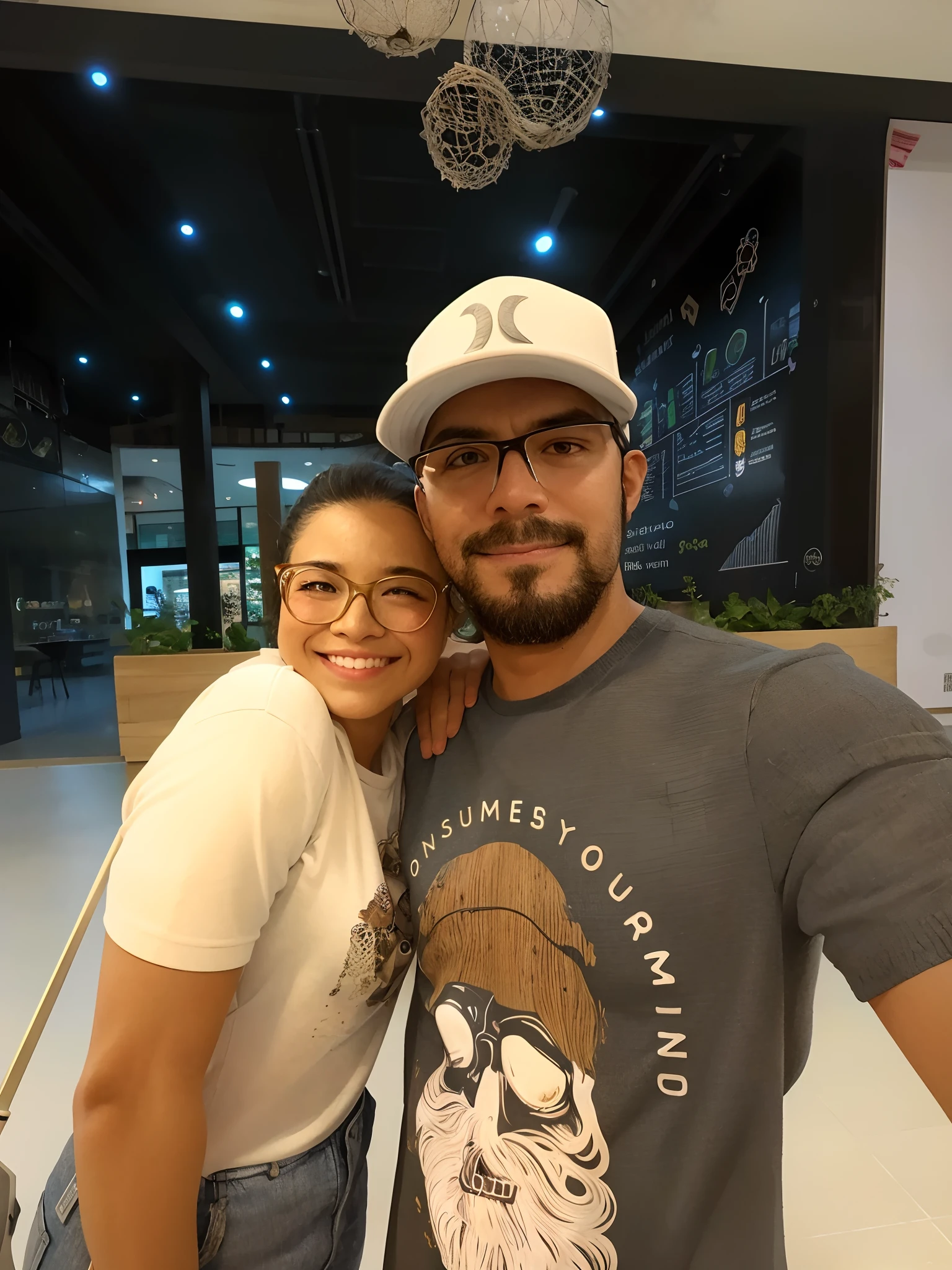 There's a man and a woman posing for a picture in a restaurant, com nerd! glasses! e cavanhaque, Directed by: Nandor Soldier, casal feliz, em um shopping, Tyler Edlin e Natasha Tan, octa 8k | |, por, In Sao Paulo, em um shopping, with nerdy glasses and goatee, Tiro na Nikon Z9