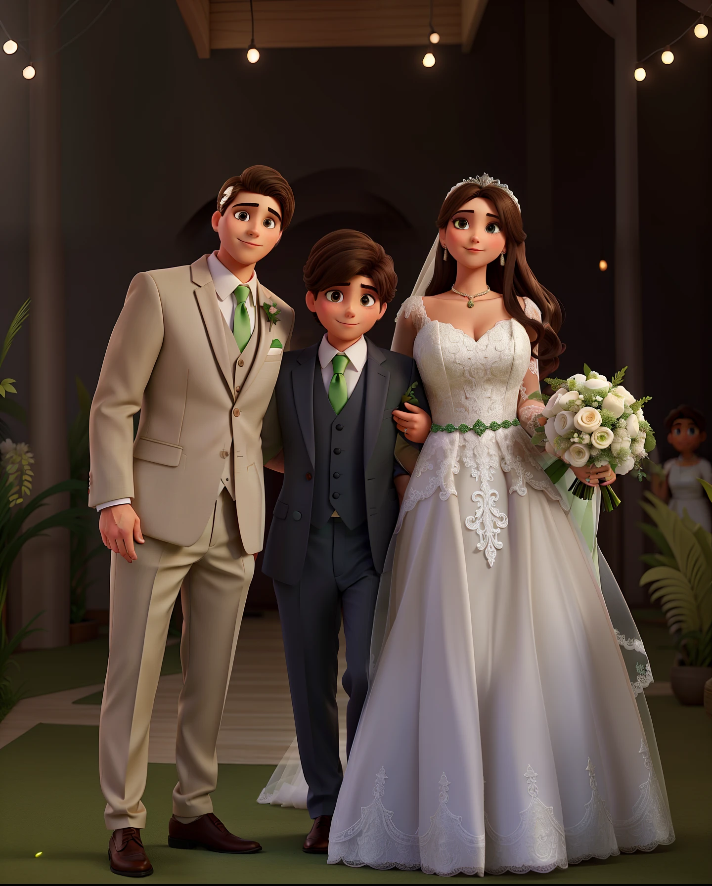 A bride and groom couple brunette man in suit and beige pants, a noiva de vestido branco entre eles uma mulher morena com o cabelo cacheado e preso, Hanging lights and green lawn floor.