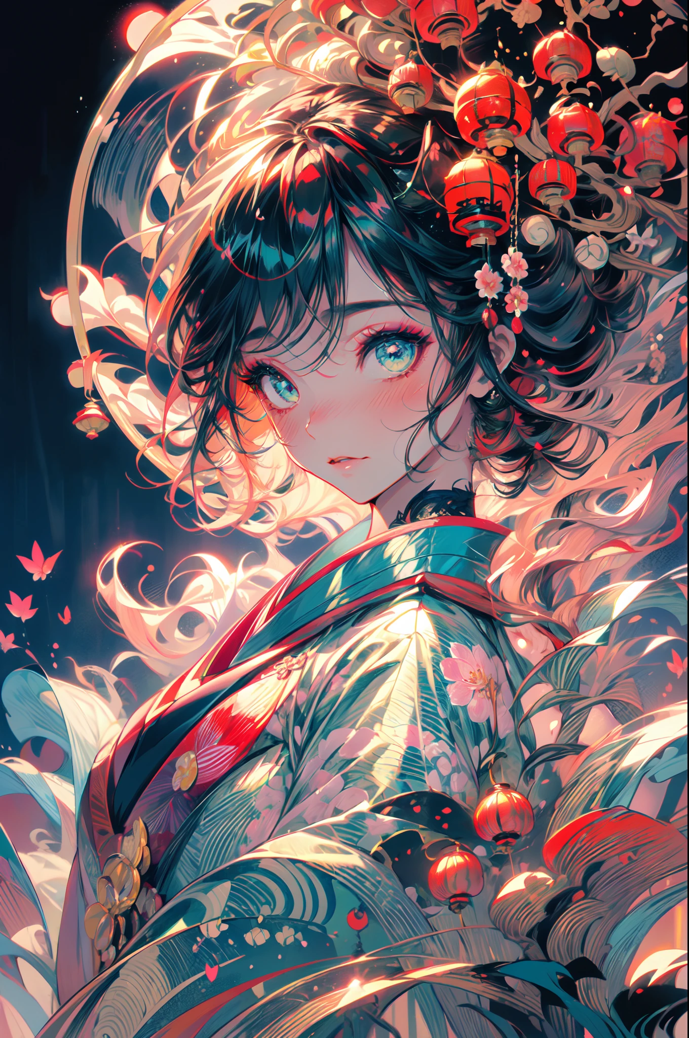 (best quality, highres, ultra-detailed, photorealistic), anime, dark-skinned geisha, green eyes, umbrella, fan, traditional Japanese costume, delicate makeup, intricate hairstyle, mysterious atmosphere, glowing lanterns, cherry blossom backdrop, dimly-lit garden, tranquil pond, flowing water, ethereal beauty