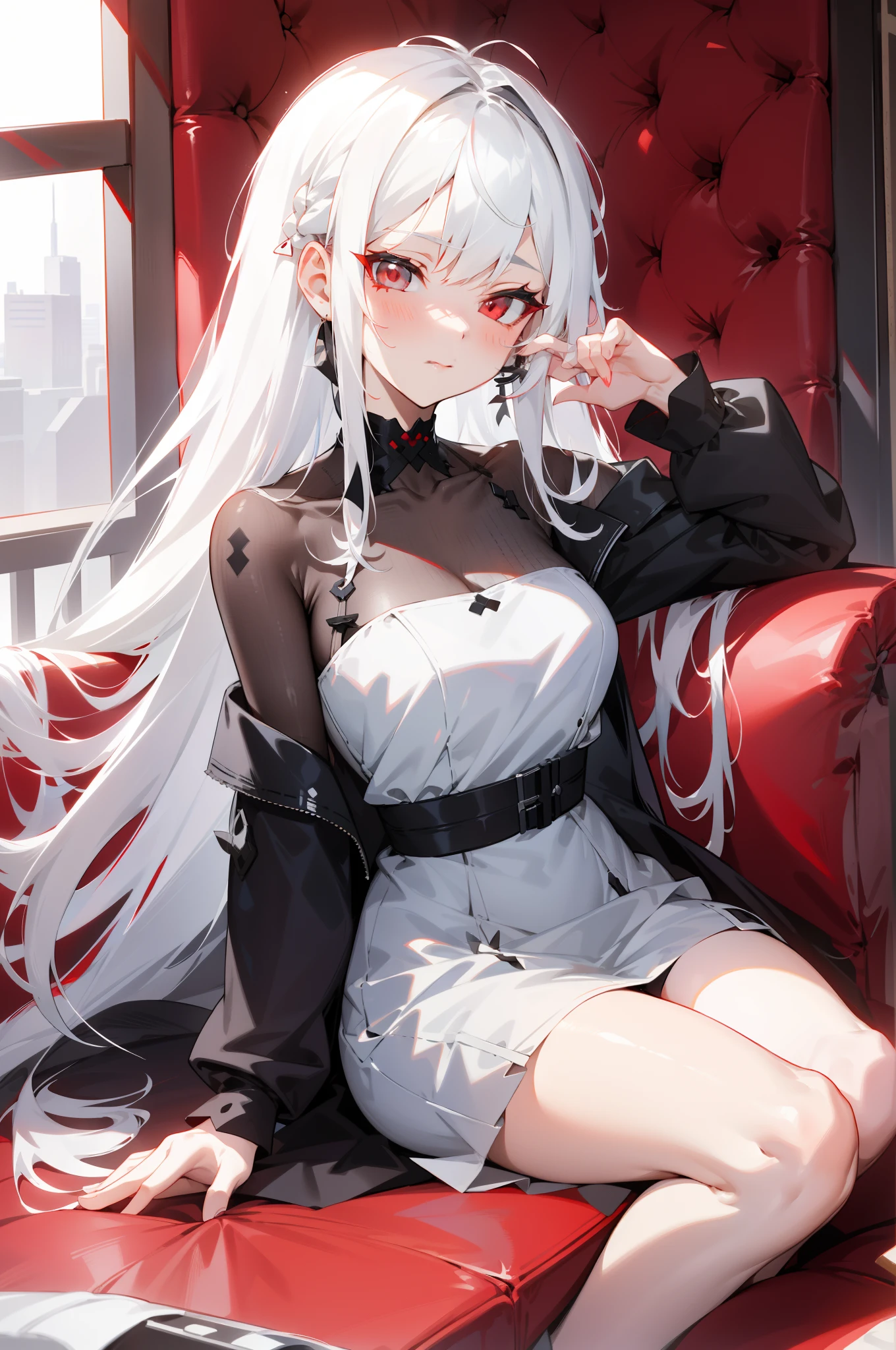 Anime girl sitting on a red sofa in a black and white dress, perfect gray hair girl, Girl with white hair, white  hair, white hair woman, White-haired, white haired god, Seductive Anime Girl, **** in dress, from girls frontline, girls frontline style, silber hair, Cute anime waifu in a nice dress, silver hair girl, with long white hair