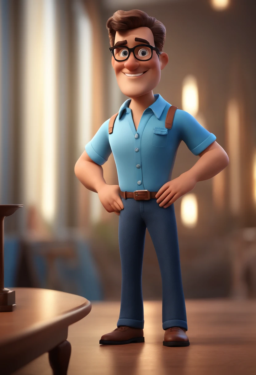 Cartoon character of a man with black glasses and a blue shirt, animation character, Caractere estilizado, animation style rendering, 3D estilizado, Arnold Maya render, 3 d render stylized, toon render keyshot, Personagem 3D, Personagem 3D, 3d rendering stylized, 3 d character render, personagem de desenho animado, Personagem de close up, Pose de personagem, (Estilo Pixar) (master part:1.2) (Bokeh) (best quality) (pele detalhada) (textura detalhada) (8k) (argila) (Cinematic lighting) (foco nítido