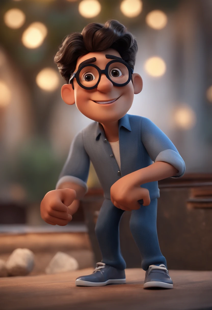 Cartoon character of a man with black glasses and a blue shirt, animation character, Caractere estilizado, animation style rendering, 3D estilizado, Arnold Maya render, 3 d render stylized, toon render keyshot, Personagem 3D, Personagem 3D, 3d rendering stylized, 3 d character render, personagem de desenho animado, Personagem de close up, Pose de personagem, (Estilo Pixar) (master part:1.2) (Bokeh) (best quality) (pele detalhada) (textura detalhada) (8k) (argila) (Cinematic lighting) (foco nítido