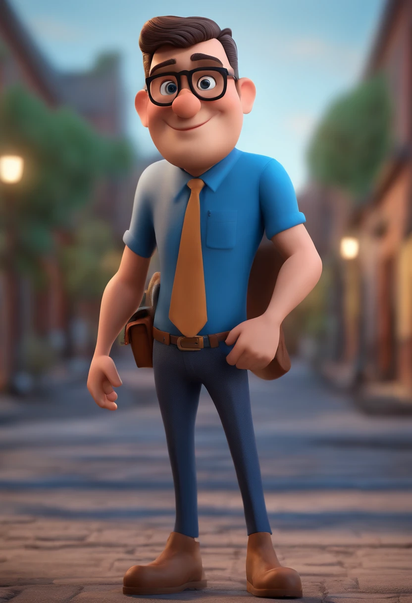 Cartoon character of a man with black glasses and a blue shirt, animation character, Caractere estilizado, animation style rendering, 3D estilizado, Arnold Maya render, 3 d render stylized, toon render keyshot, Personagem 3D, Personagem 3D, 3d rendering stylized, 3 d character render, personagem de desenho animado, Personagem de close up, Pose de personagem, (Estilo Pixar) (master part:1.2) (Bokeh) (best quality) (pele detalhada) (textura detalhada) (8k) (argila) (Cinematic lighting) (foco nítido