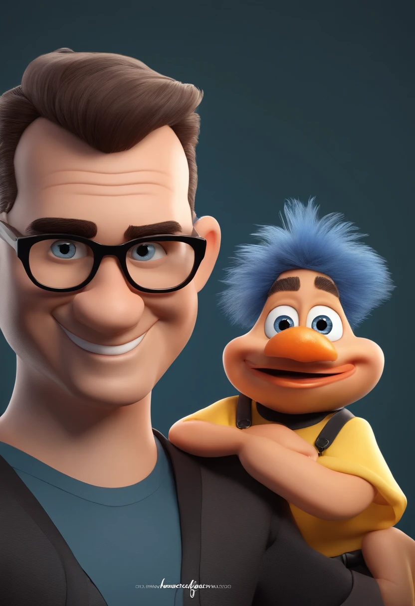 Personagem de desenho animado estilo disney/pixar, de um homem de 35 anos, with a shaved head and no beard, nariz fino, orelhas pequenas, with black glasses and black shirt, animation character, Caractere estilizado, animation style rendering, 3D estilizado, Arnold Maya render, 3 d render stylized, toon render keyshot, Personagem 3D, Personagem 3D, 3d rendering stylized, 3 d character render, personagem de desenho animado, Personagem de close up, Pose de personagem, (Estilo Pixar) (master part:1.2) (Bokeh) (melhor qualidade) (pele detalhada) (textura detalhada) (8k) (argila) (Cinematic lighting) (foco nítido)