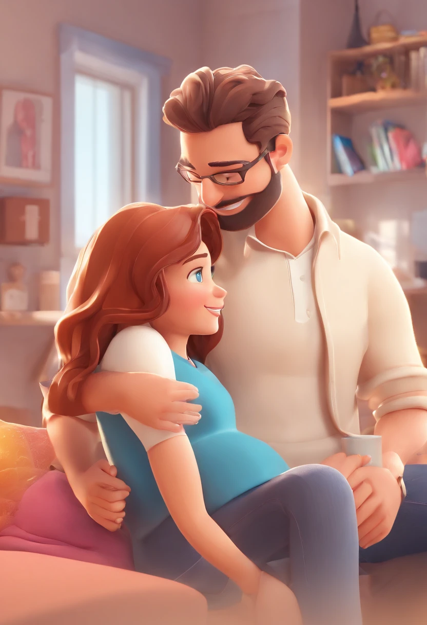 An illustration of an adorable couple, destacando um homem e uma mulher com bonito, Expressive eyes – the man's skin is black and the man's hair is bald and black, while the woman's skin is black and the woman's hair is curly and brown. They are a bright room, cada um com um sorriso no rosto, e compartilhar um momento especial caracterizado pelo amor, arroz, e insights educacionais. Illustrate this scene from a perspective where they are facing away from the camera, Showing Your Connection. Desenvolva esta arte em Full HD, Focus on your cinematic touch, Estilo Disney Pixar Animations