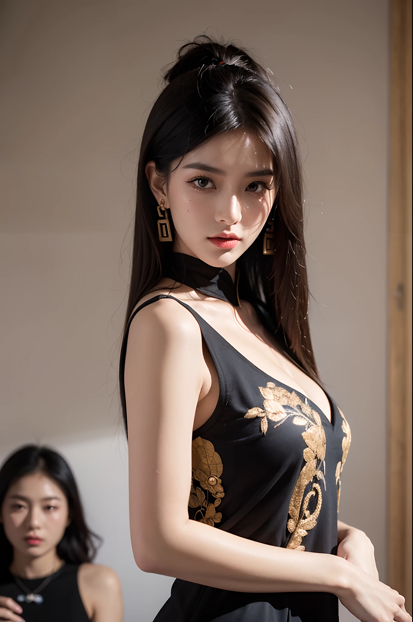 (Best quality,4K,8K,A high resolution,Masterpiece:1.2),Ultra-detailed,Realistic,Photorealistic:1.37,Fashionab,Trendy,1 girl,gorgeous chinese models,Unique colors and unique design fashion, Fashion show, Cool fashion model,Oriental dress，silkouette，Decorated with intricate patterns and bright colors，Reveals long hair, fashion show venue,lighting,music,applause,Tall figure,self-assured,Anatomically correct,surrealism,Ultra-fine details,Photographic realism:1.3