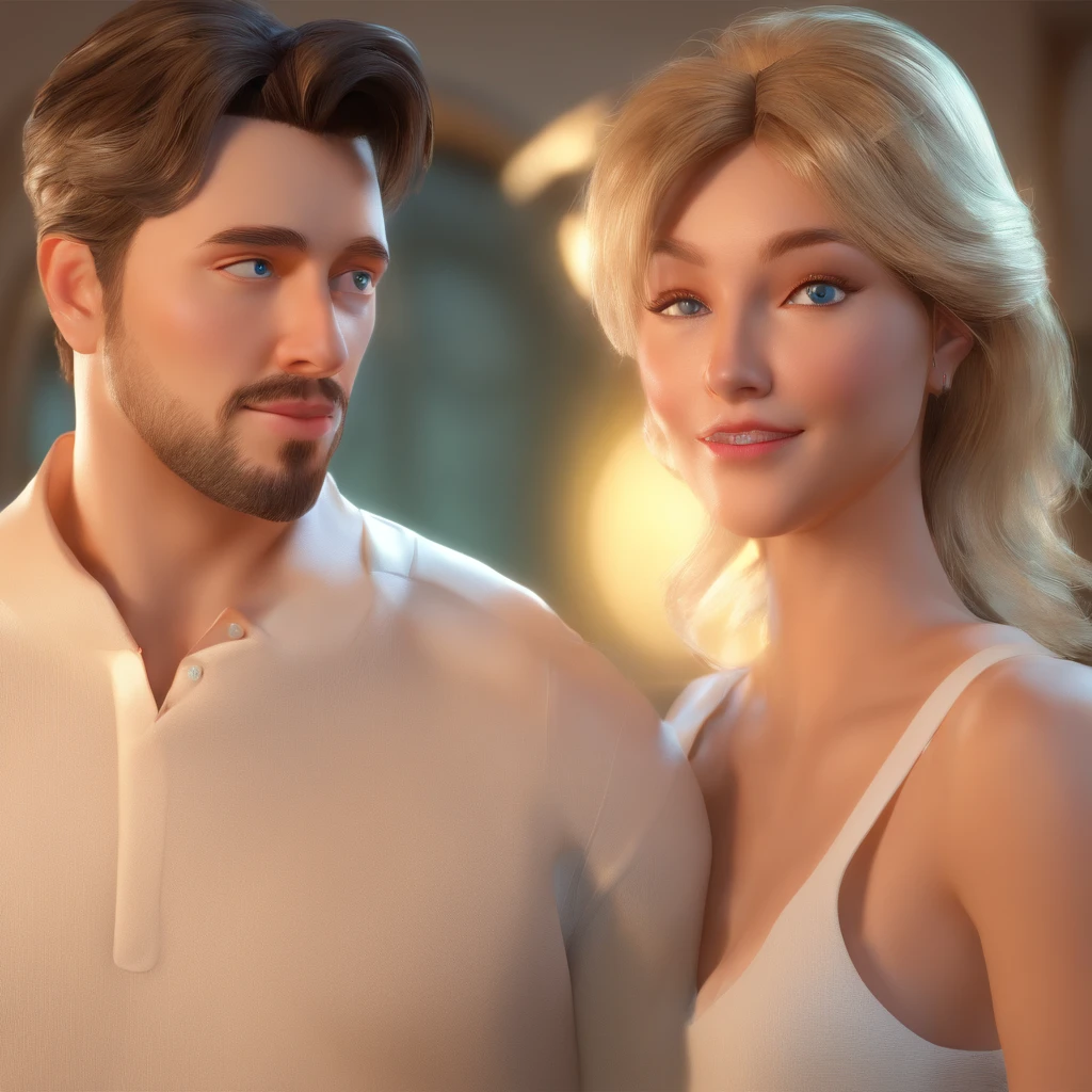 (best quality,4k,highres,masterpiece:1.2),ultra-detailed,realistic,hdr,professional,vivid colors,portraits,couple,mid-aged man with blue eyes,glasses and light hair,woman with short brown hair and brown eyes,loving expression,affectionate atmosphere,warm lighting,detailed features,fine brushwork,soft background,subtle color palette