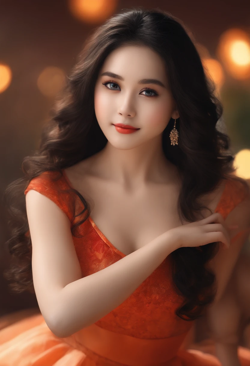 (best quality, highres, realistic:1.37, ultra-detailed), portraits, studio lighting, vivid colors, bokeh, Elementary school girls, red and orange leotards, black hair, long hair, beautiful detailed eyes, beautiful detailed lips, smile, upper body only