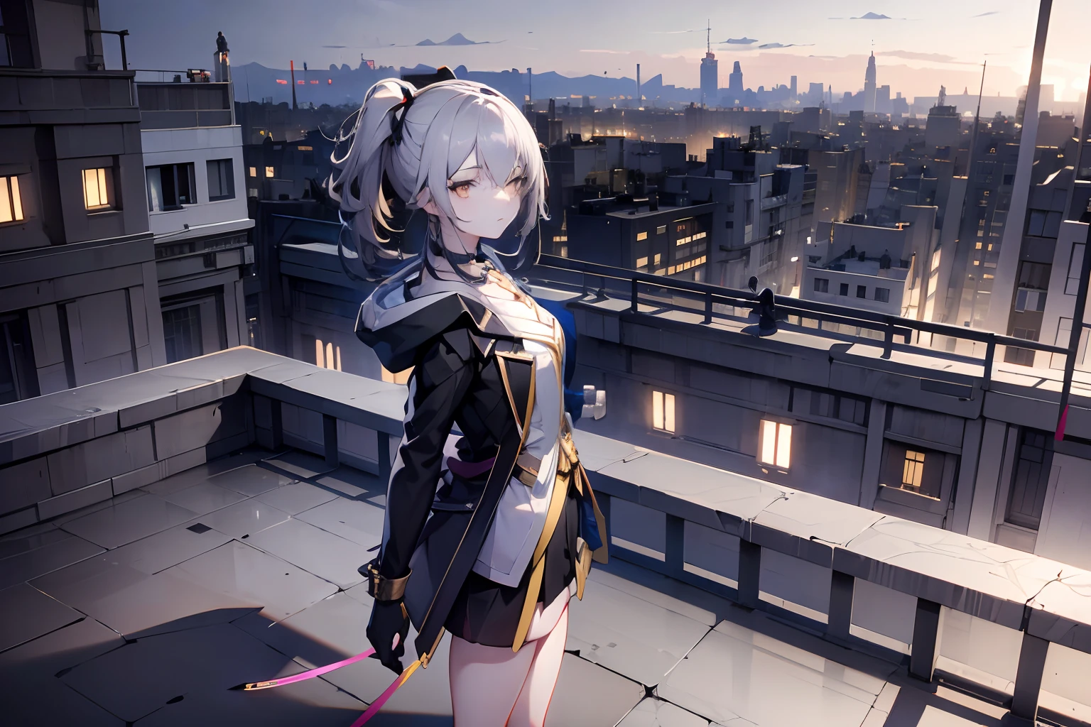 overlooking a city, night, (slim), slender, from behind, ((Looking at the view))standing on the (edge of rooftop), (shadow), blurry background, [detailed eyes],  focused, 1girl, (solo:1.2), ((masterpiece)), pale skin, gloves, ((detailed surroundings)), (black coat:1.2), high boots, stelle, exterior, (ponytail), cyberpunk, jacket technology (LED light)