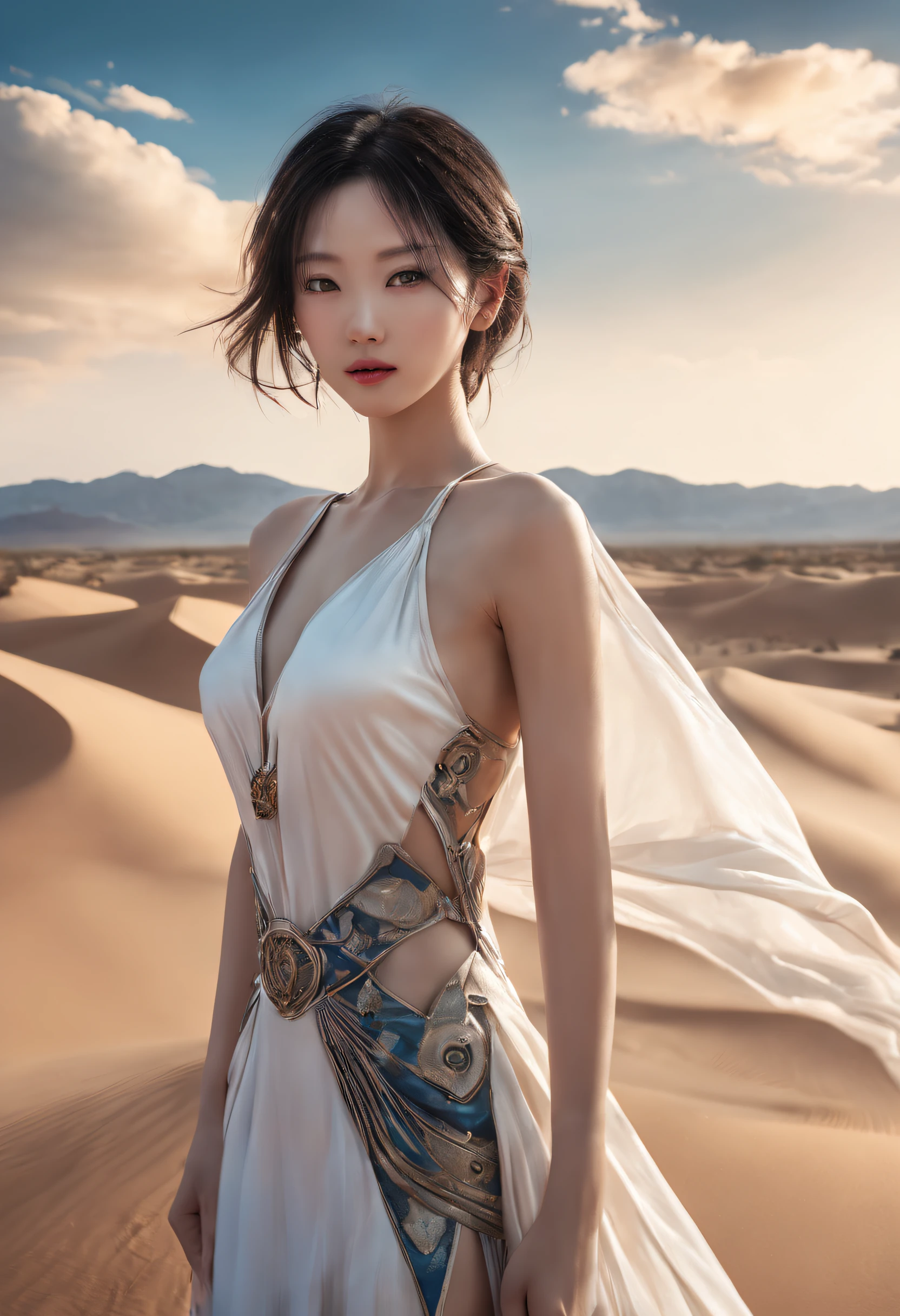 Cyberpunk fashion show，Xianxia style series，((The background is a scene at noon:1.3)),((with blue sky and white clouds:1.3)),((Face lighting:1.3)),((Top quality, 8K, Masterpiece: 1.3)), Solo, 1 girl, Sexy, Beautiful girl with accentuated slender abs: 1.4,Delicate skin，ultra - detailed，Slim figure，Long legs，Beautiful Meticulous Girl, absurderes, unbelievable Ridiculous, hugefilesize, 超詳細な顔, Detailed eyes, Double eyelids, self-shot,gorgeous chinese models, Without chest pads:1.2,(Shiny skin:1.2),(muscle arm:1.3),(muscle leg:1.3),((Ultra-detailed)),((Delicate face)), Beautiful detailed eyes, Long hair, Floating hair, ,hairs between eyes, GSHead,((Masterpiece)), ((High detail)), photography of，real photograph，Flat desert，Distant horizon，Vast desert，Sand，Dressed in a flowing manner、Silky traditional oriental dress，silkouette，Decorated with intricate patterns and bright colors，Highlights her seductive silhouette，((The background is a large flat desert:1.5)),Ultra-realistic detailed painting，Epic fantasy digital art style，8K,wide wide shot，Diagonal composition，art of photography，（Extremely refined and beautiful），The eye,Genshin_impact,Look at the viewer, ((Distant view)), Strong light and shadow, Cinema lenses，