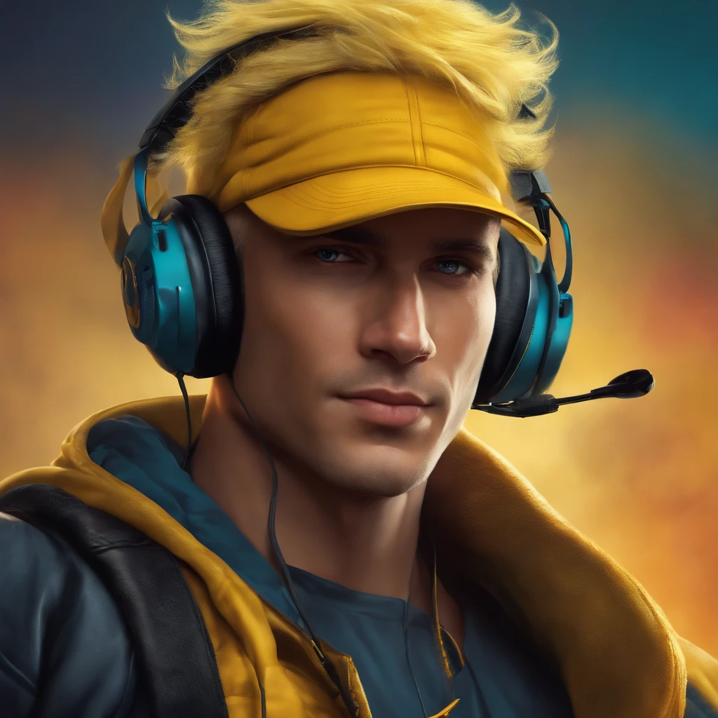 A man in a cap and yellow hair with a headset
