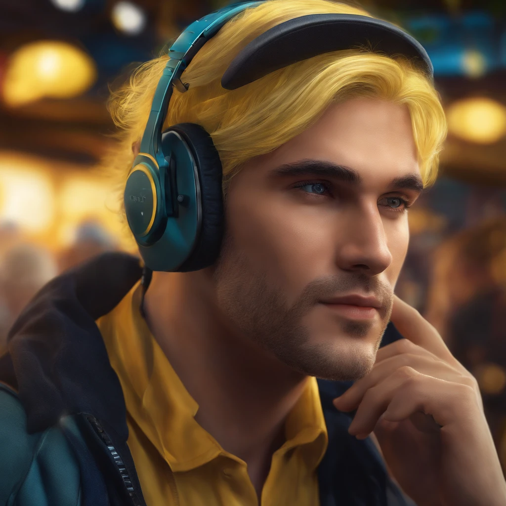 A man in a cap and yellow hair with a headset