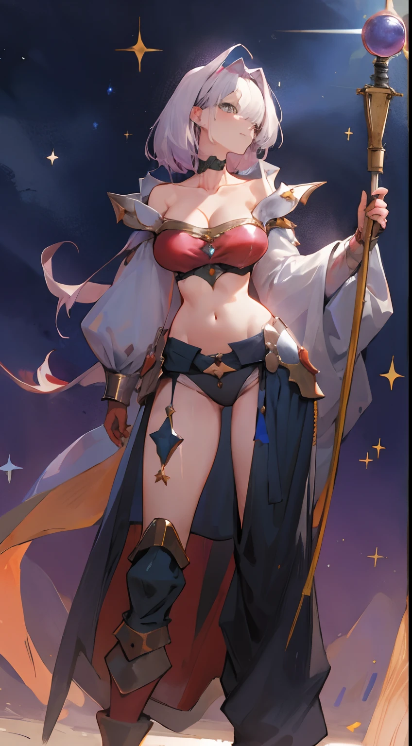 Leakage out of the collarbone，Neck leakage，sorceress woman，Magic Hat，Star decoration，stand posture，standing straight，open waist，a queen，cavalier，Armour