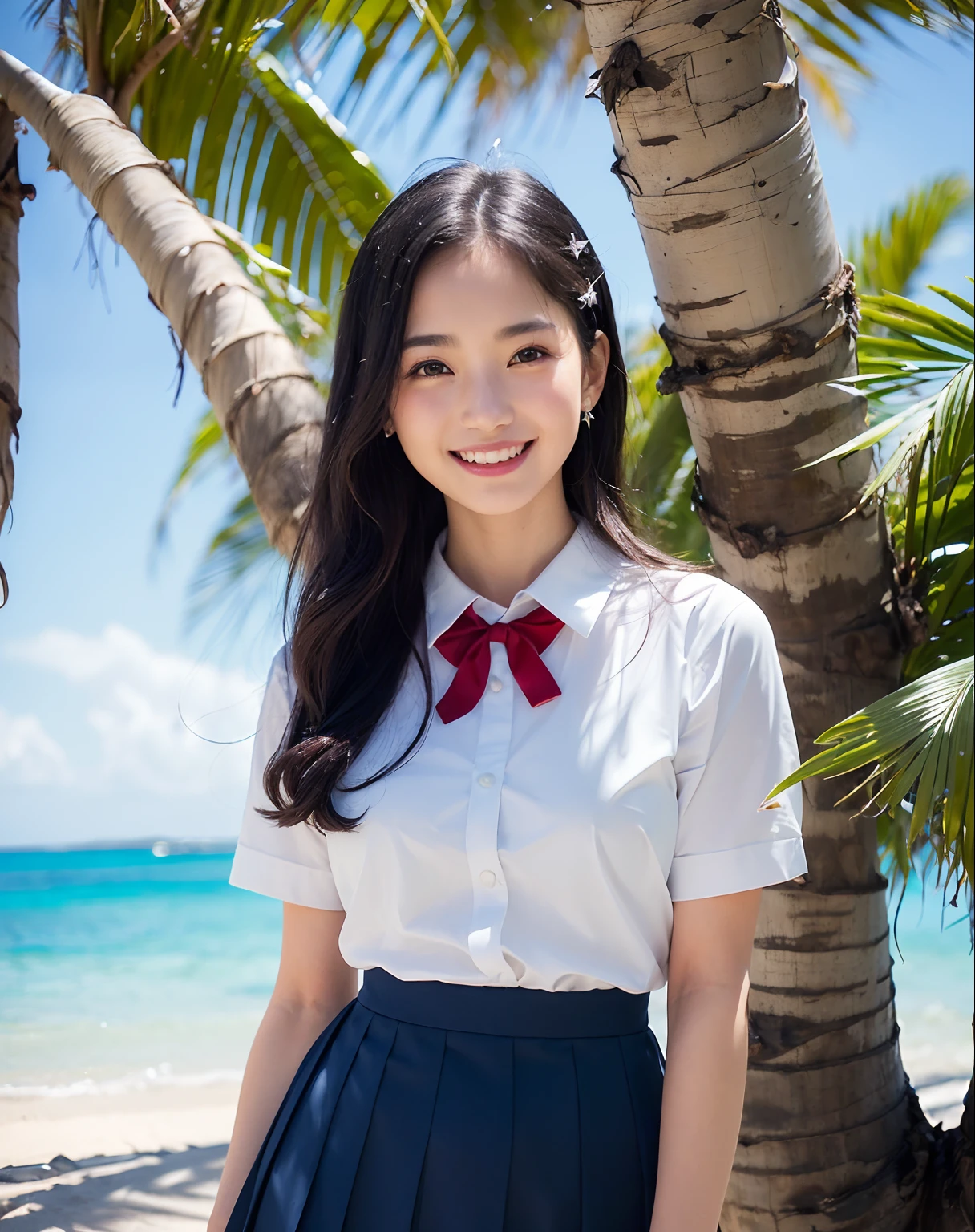 ((1 schoolgirl,The cutest face,The biggest smile staring at the camera,Shot from up close,japanese hight school uniform,Beautiful beach)),((Hibiscus Hair Ornament White Shirt,,Red ribbon on chest,navy pleats skirt,high-school uniform,Moist eyes,Looks very happy,Transparent skin,Slim body,large full breasts,Emphasize body lines,Perfect shiny hair,perfect glossy skin,Perfect shiny hair,Beautiful smooth hair,sand beach,beautiful ocean,Recreate the perfect details of a deserted island,tropical vibe,Tropical Plants,Palm trees,Crystal clear and sparkling sea,Complex oceans,Complex sea glow,Drawing beautiful oceans in every detail,Clean teeth,Large teeth,White teeth,Perfect fingers,perfect arms,细致背景,top-quality,The ultra -The high-definition,Perfect Anatomy,high-definition RAW color photography,professional photograpy, extremely delicate and beautiful, Extremely detailed,finely detail, Huge file size,Top image quality,8K,Award-Winning Works,masutepiece))