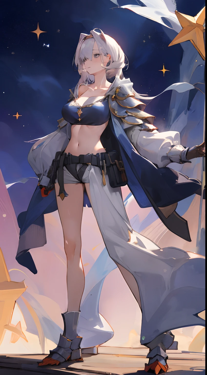 Leakage out of the collarbone，Neck leakage，sorceress woman，Magic Hat，Star decoration，stand posture，standing straight，open waist，a queen，cavalier，Armour