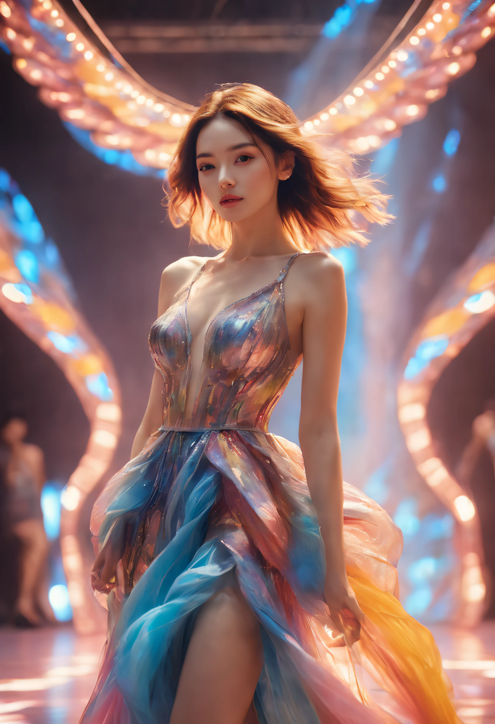 Optimal image, (8K, RAW photo, Realistic), Meticulous and delicate depictions and gorgeous and dynamic painting techniques, Unique colors and unique design fashion, Fashion show, Cool fashion model, Fashion show venues and audiences, Colorful lights dance around