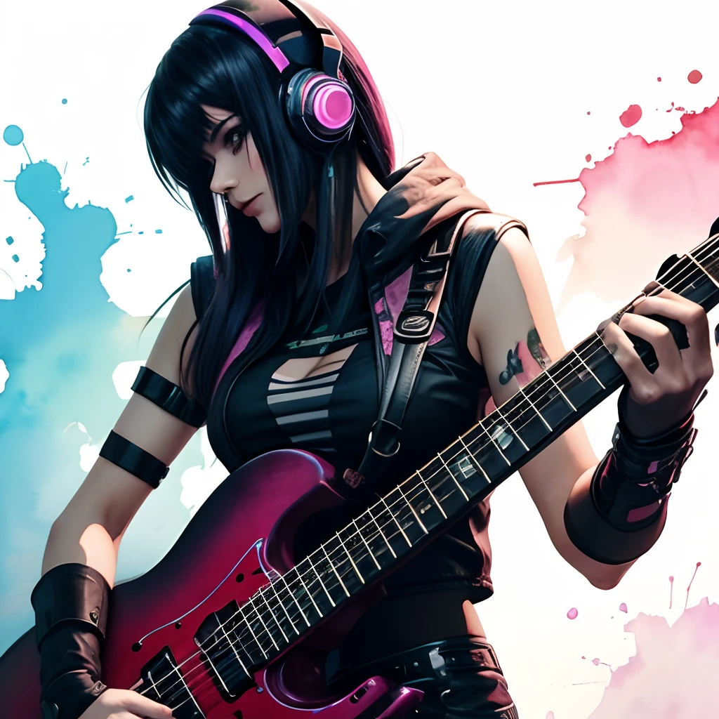 guitar,cyber punk,very watercolor,woman