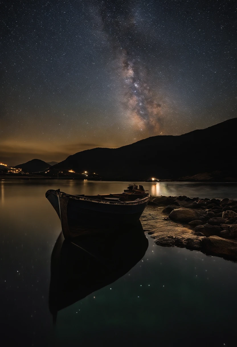 O barco vai e volta tranquilamente,A costa de Mades,night under the starry sky,Give it to Van Gogh to light up,The dream is too short,Gritou da ponte Munk, alto contraste, back lit lighting, Floral, Glittery, color difference, foco nítido, Foto colorida original