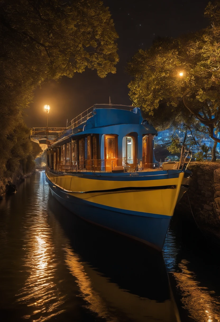 O barco vai e volta tranquilamente，A costa de Mades，night under the starry sky，Give it to Van Gogh to light up，The dream is too short，Gritou da ponte Munk, alto contraste, back lit lighting, Floral, Glittery, color difference, foco nítido, Foto colorida original
